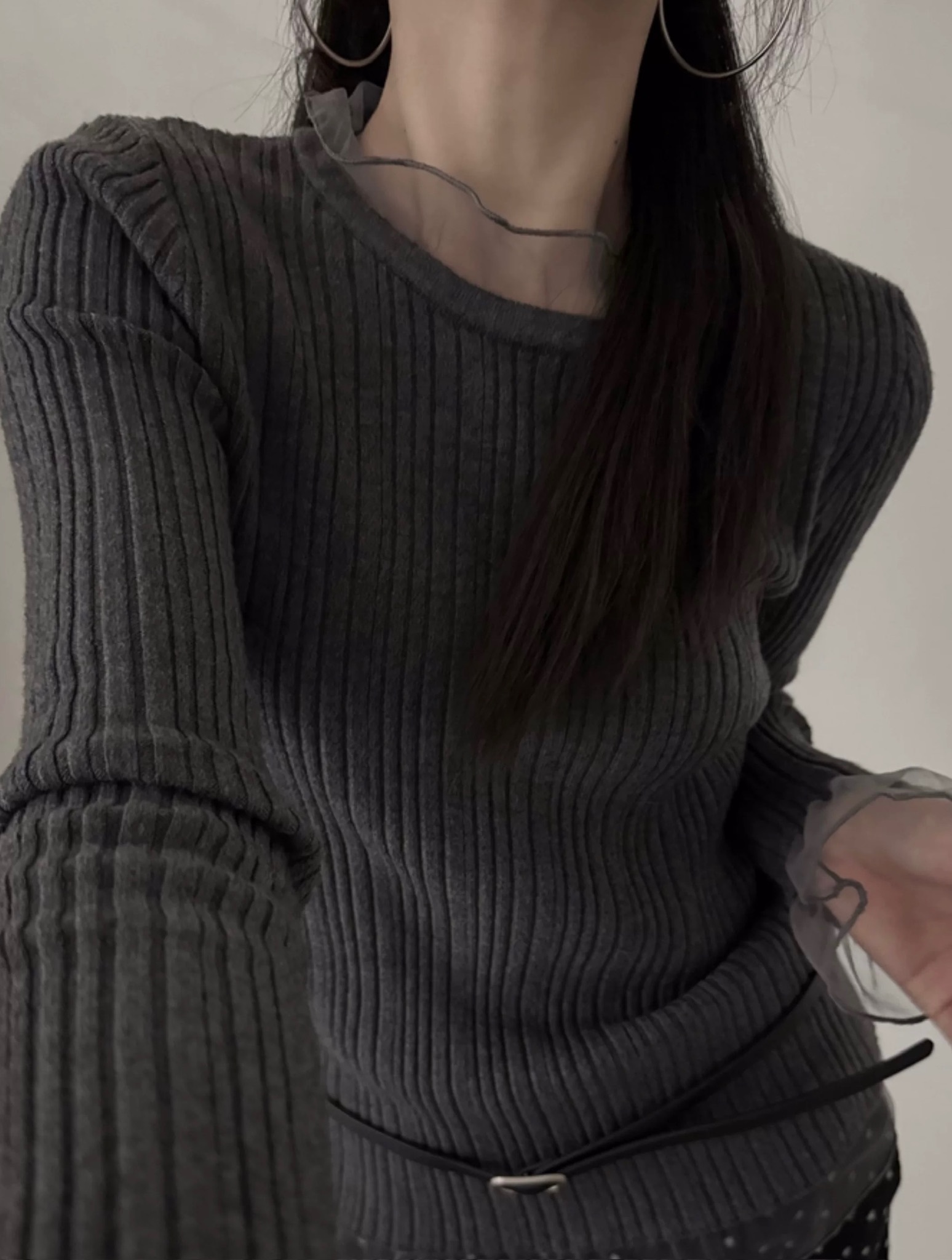 Lace layered ribbed knit