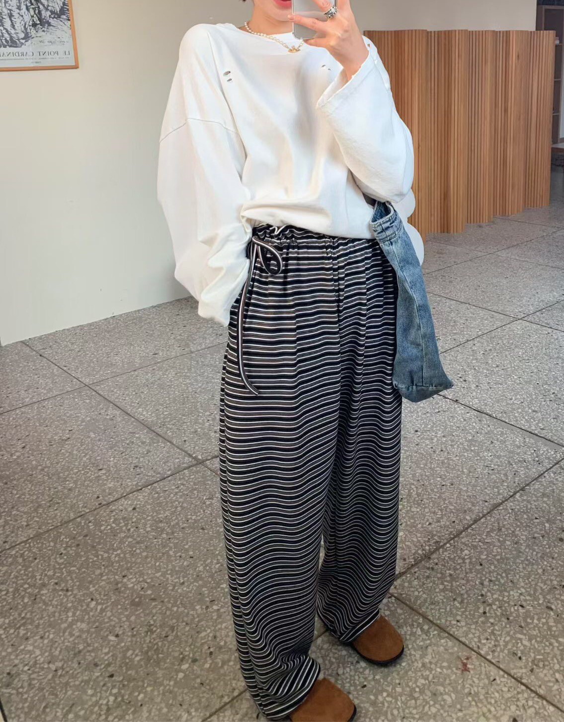 保暖棉毛橫條褲