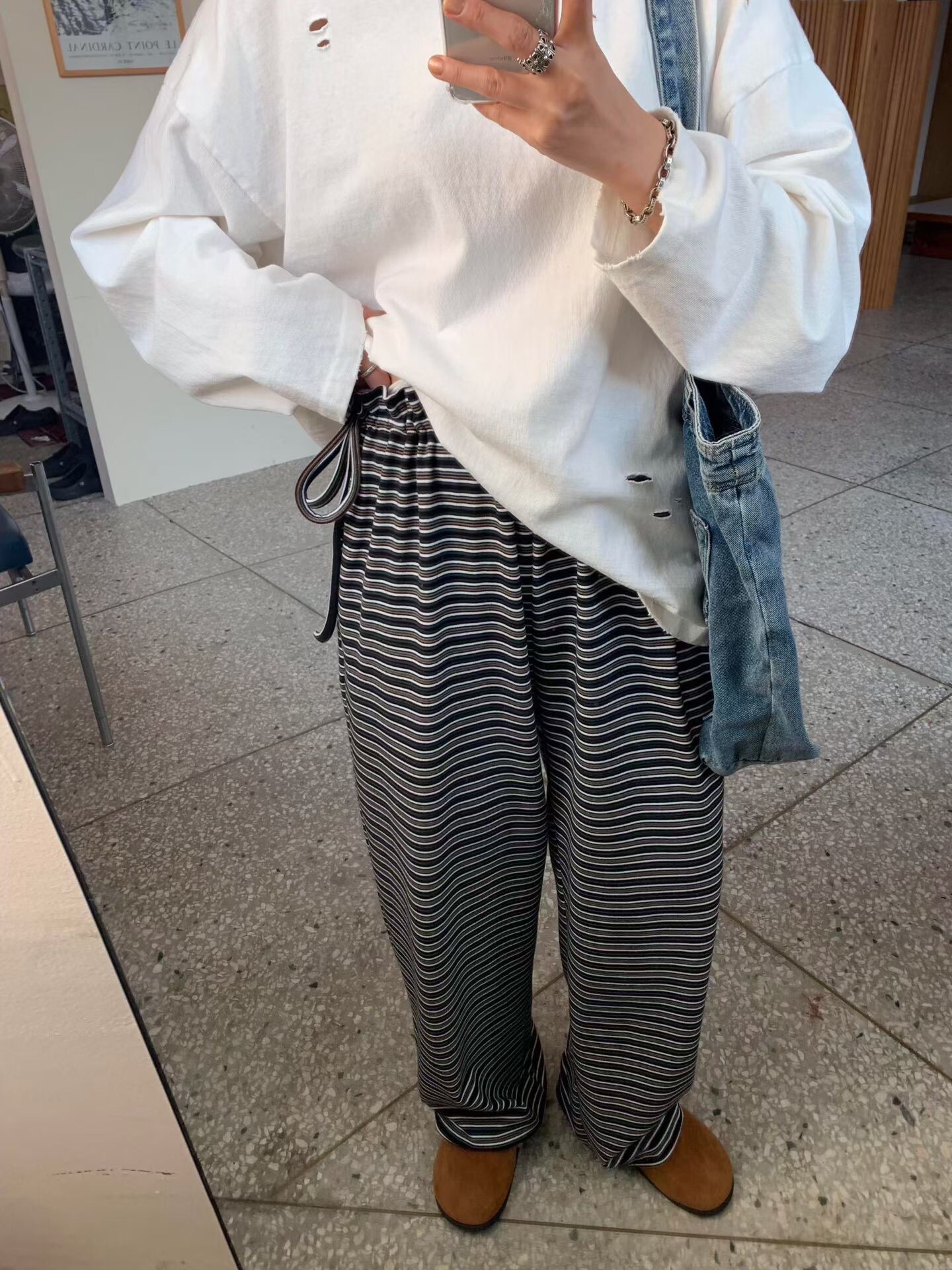 保暖棉毛橫條褲