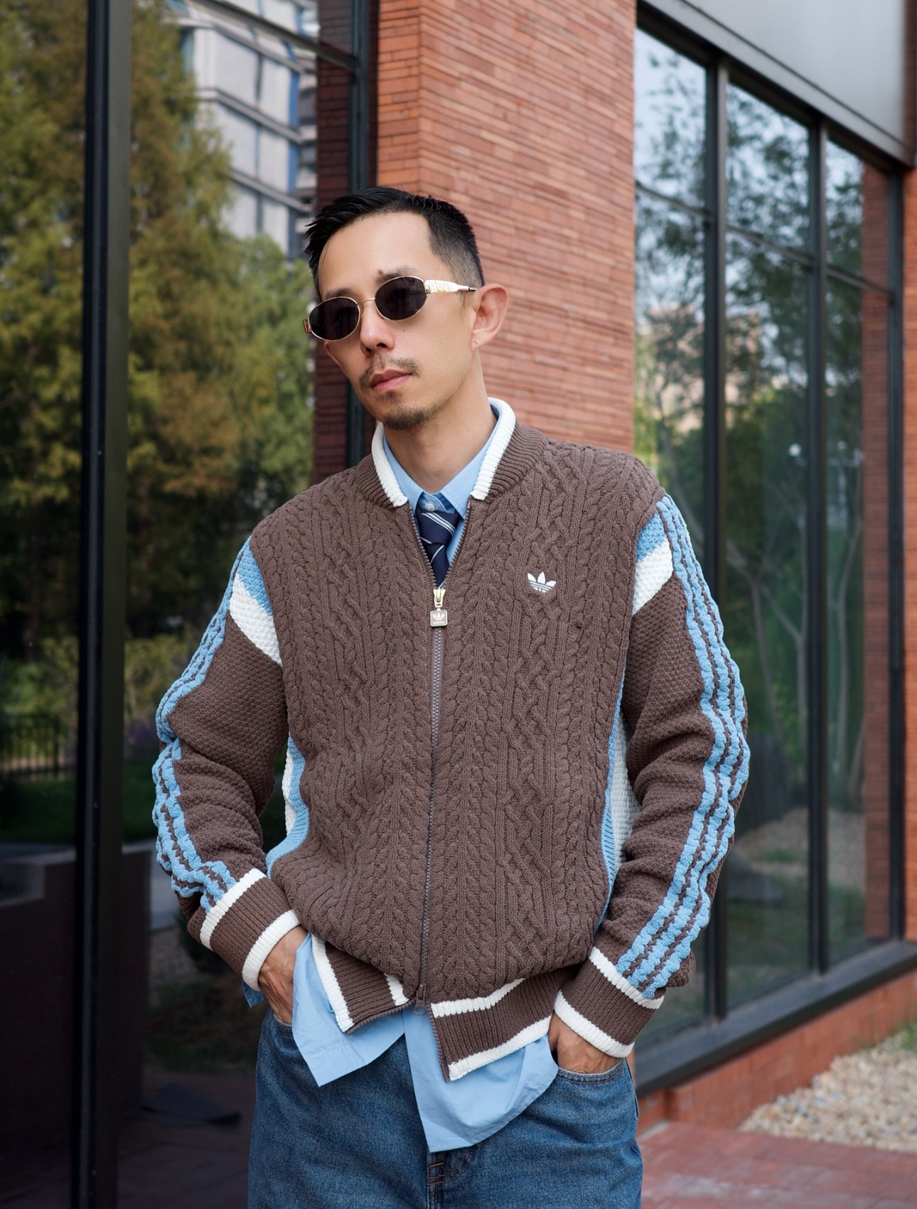 Adidas Originals Knit Jacket 三條紋復古針織開衫外套 摩卡棕藍