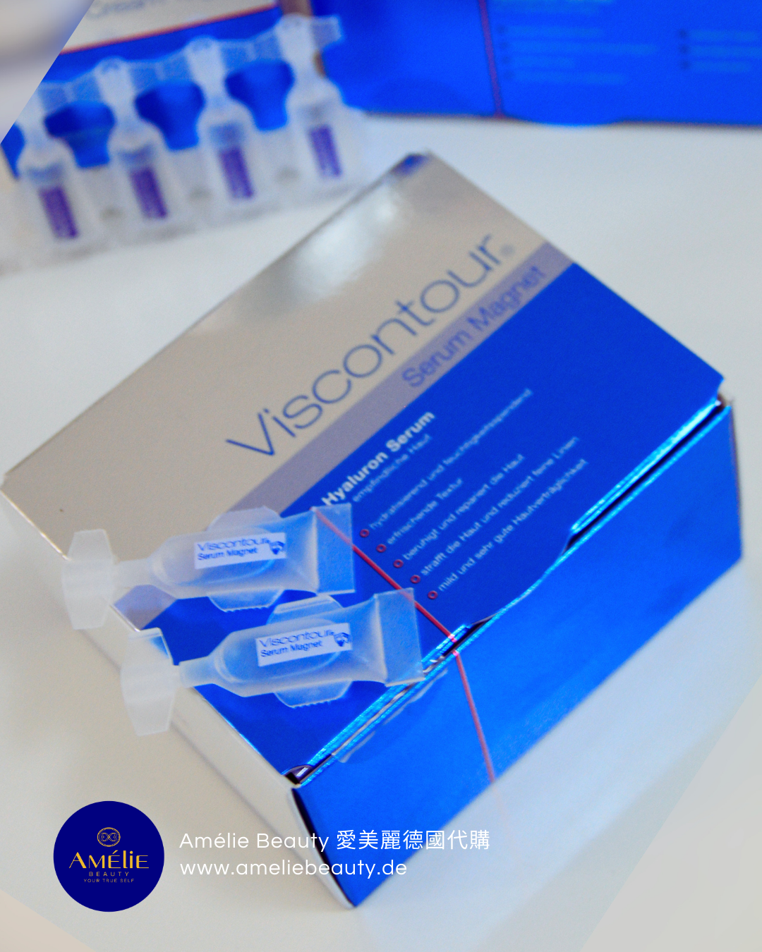 Viscontour Serum Magnet 透明質酸高濃度保濕精華安瓶與藍銀色產品包裝盒，單次使用的小包裝設計確保精華液純淨衛生 / Viscontour Serum Magnet hyaluron serum ampoules and blue-silver packaging box, featuring single-use vials designed for purity and hygiene.