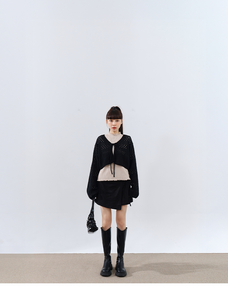 Hollow-out tie-up knit cropped cardigan top, available in three colors【01099382】in stock+pre-order