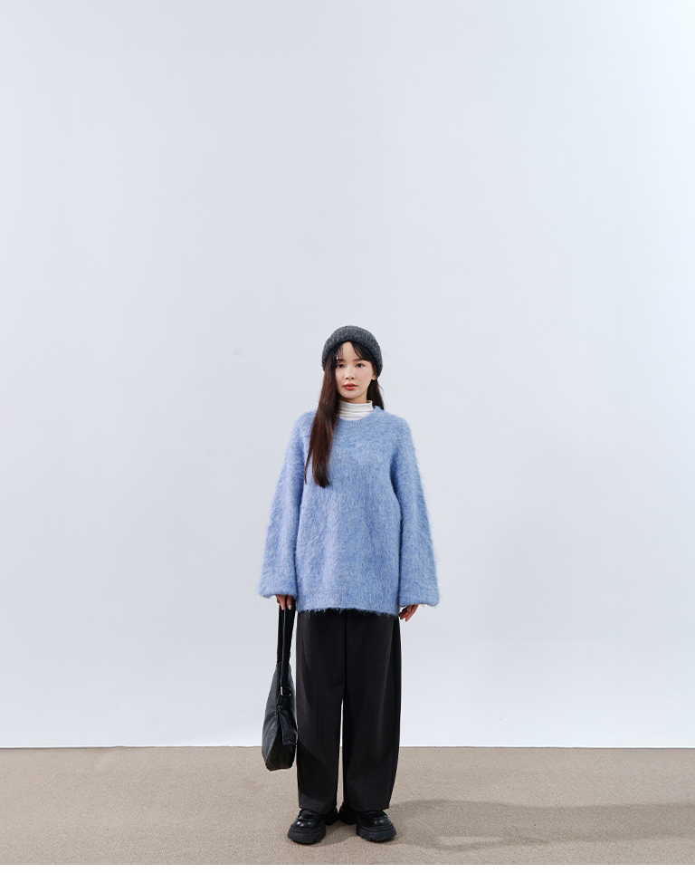 Textured floral yarn plush knit wide-cut sweater - blue【01099405】in stock+pre-order