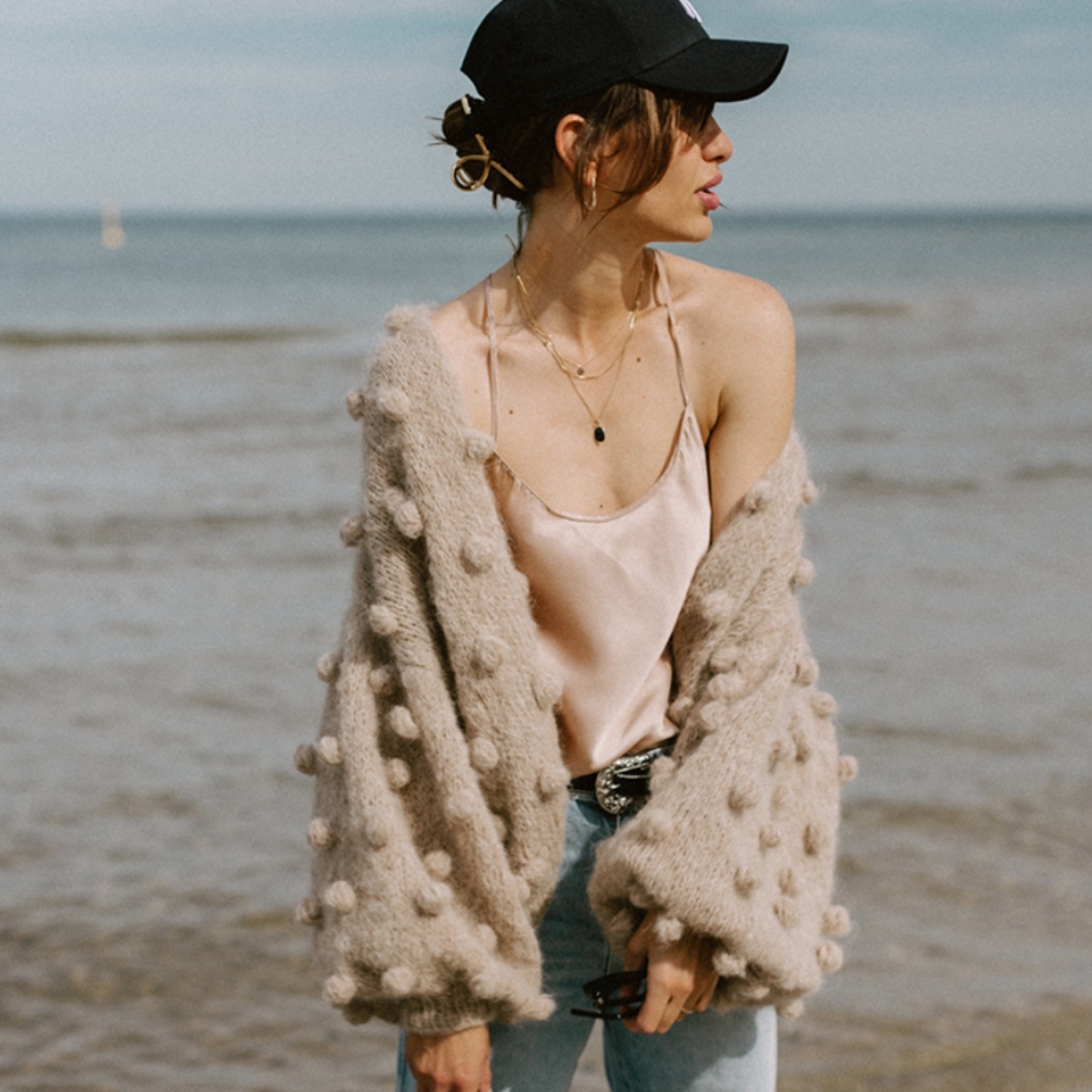 pixie hat 柔軟球球針織外套(大人款) Bubble Cardigan Adults - jasny bez 淺杏