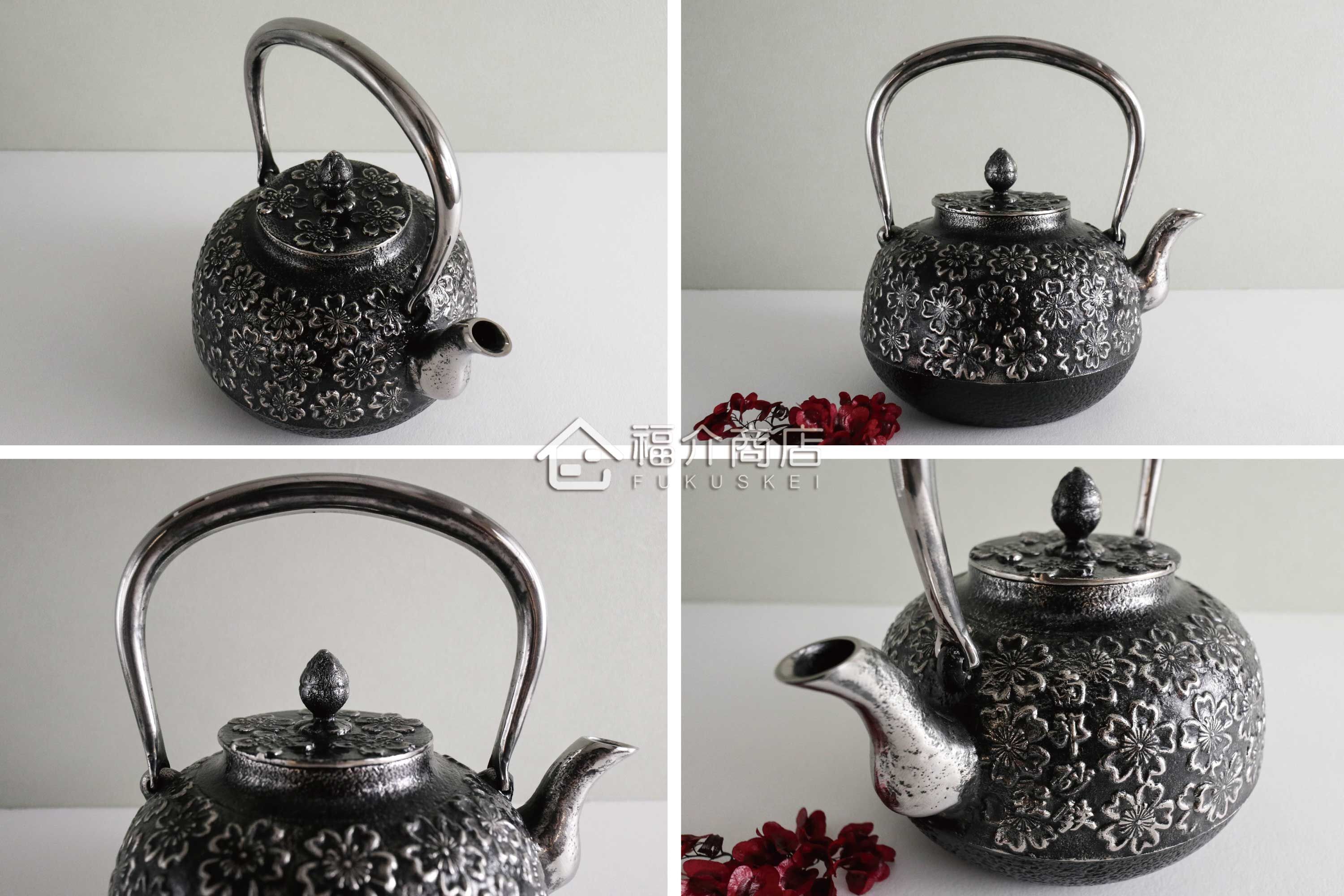 金野和司所製作的日本砂鐵壺,壺身設計櫻花造型紋樣,煮水泡茶用的鐵壺