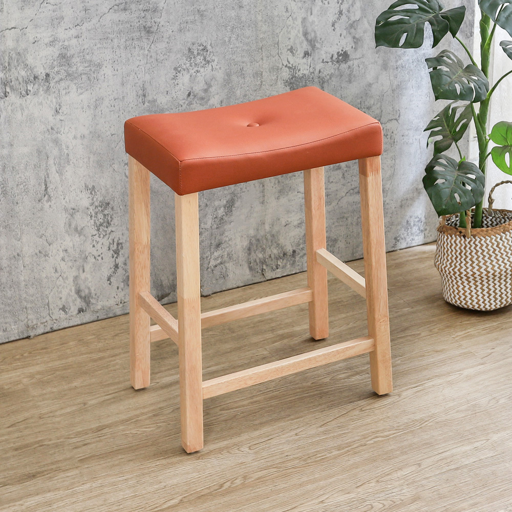 簡約吧檯椅/吧台椅/休閒高腳椅-奶茶木紋色+橘色皮革