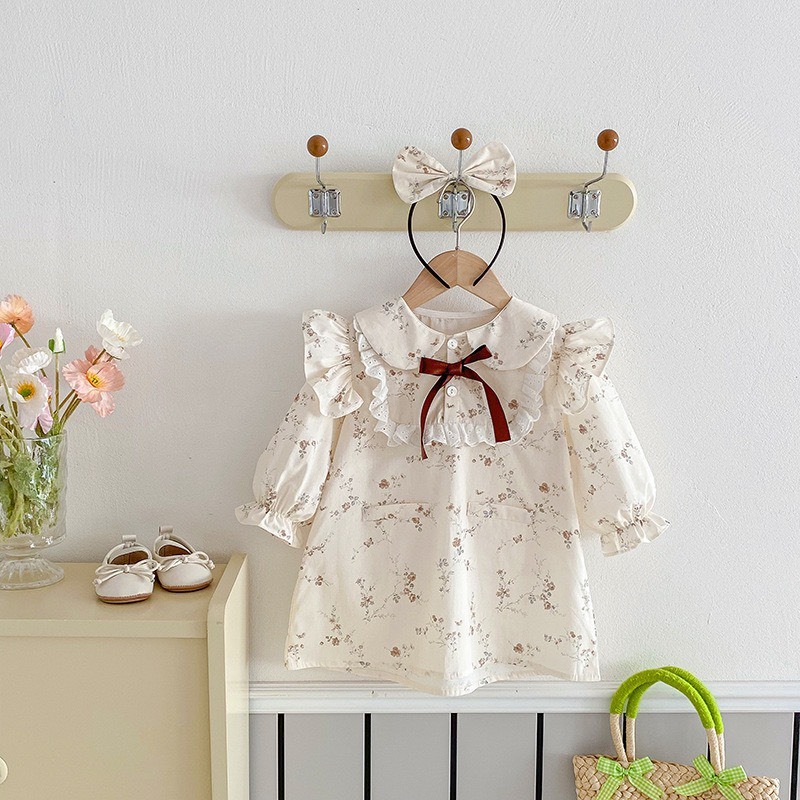 碎花小飛袖花邊洋裝｜含髮箍