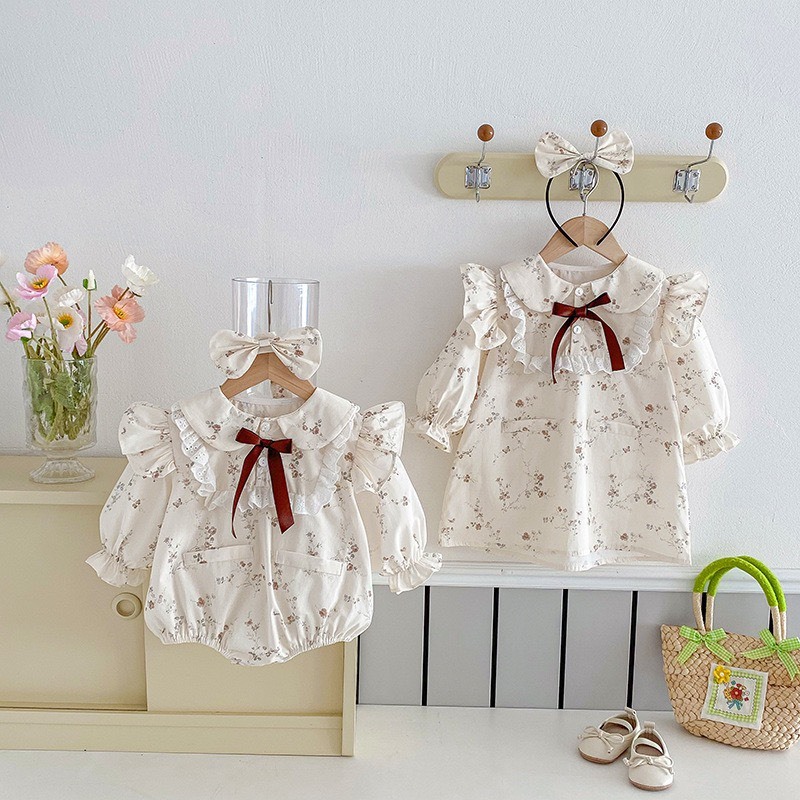 碎花小飛袖花邊洋裝｜含髮箍