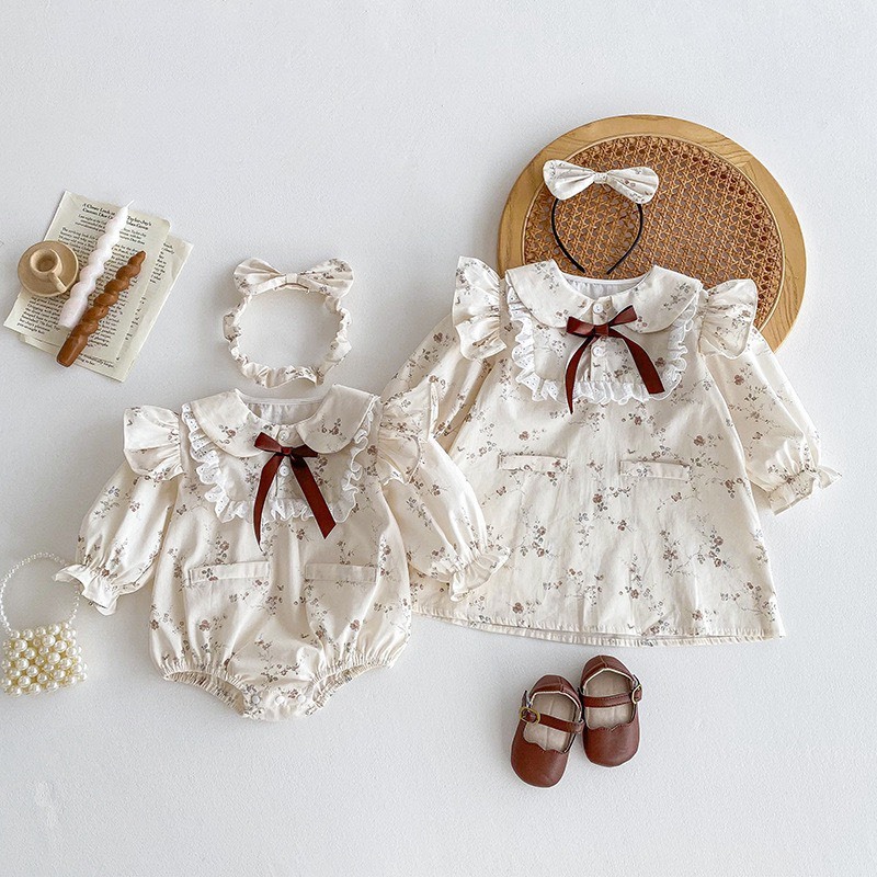 碎花小飛袖花邊包屁衣｜含髮帶