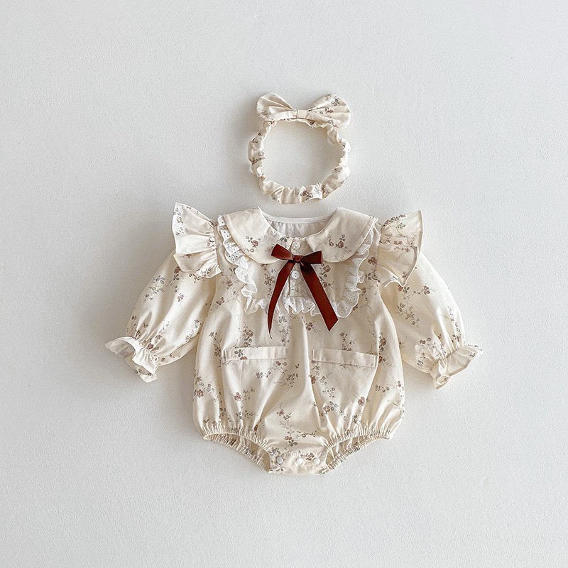 碎花小飛袖花邊包屁衣｜含髮帶