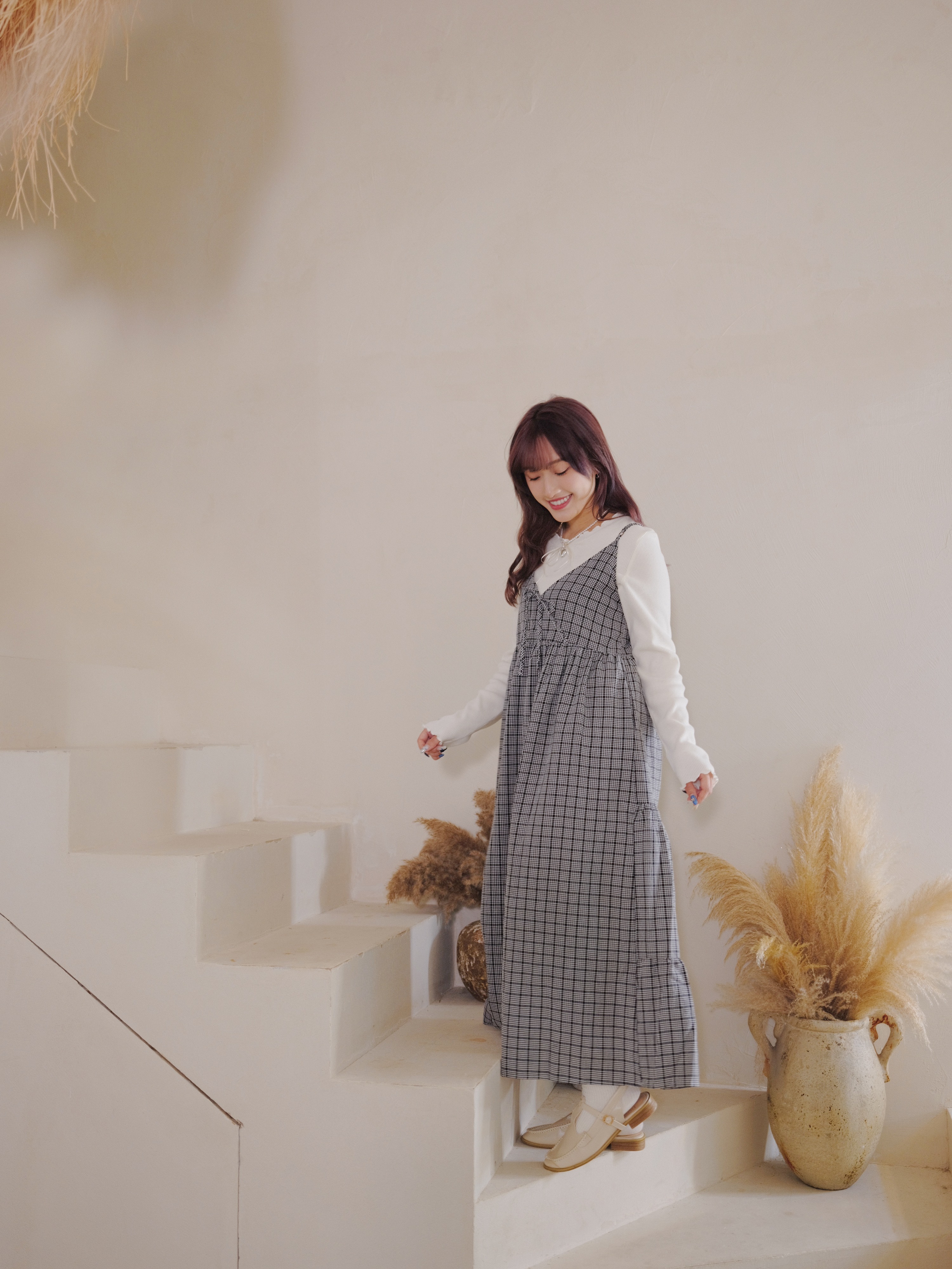 兩色 / 2WAY前後兩著格子連身裙 / 2-Way Plain Strap One-Piece Dress