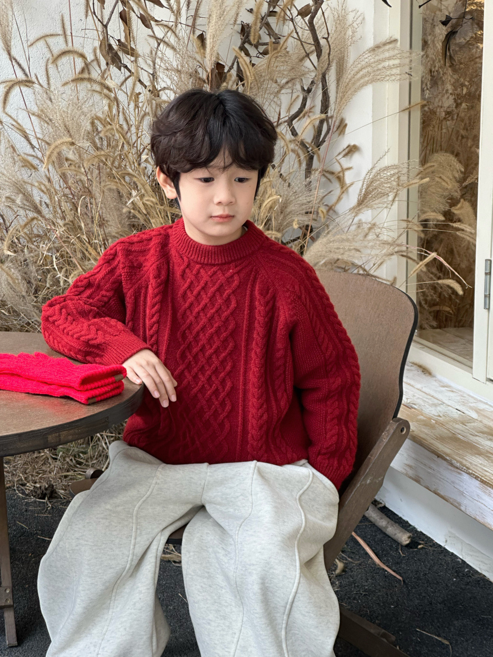 紅色麻花針織毛衣(90-150)