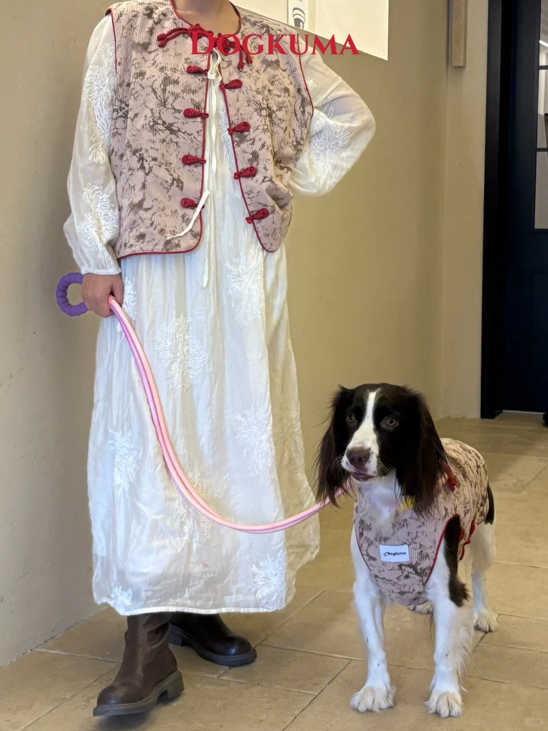 DOGKUMA - 新年國風寵物親子夾棉背心 - 胭脂紅（家長款）