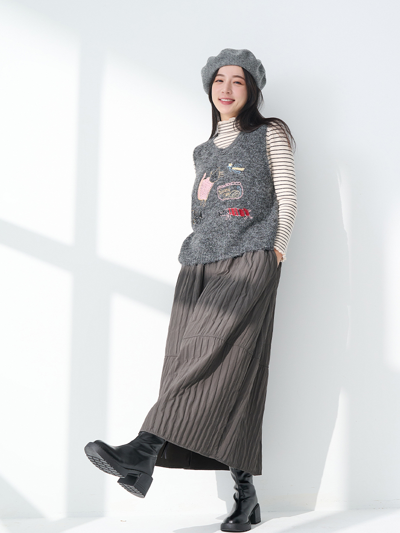 貓咪繡花背心條紋木耳邊加絨上衣鋪棉花苞長裙組合