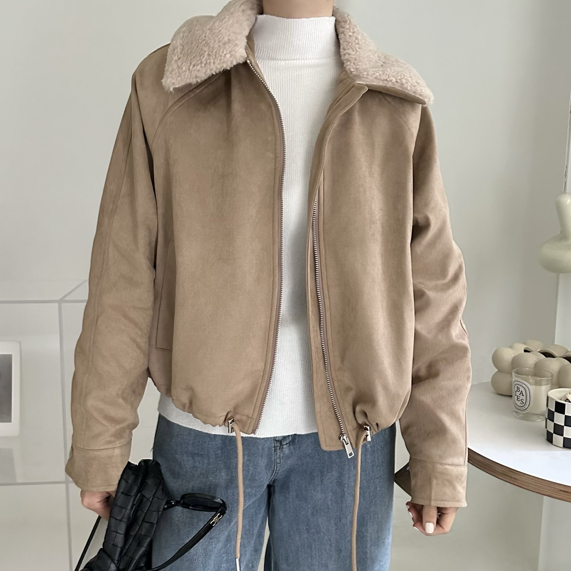 【BONNIE】羔毛領毛底拉鏈麂皮外套 (F50-F51)