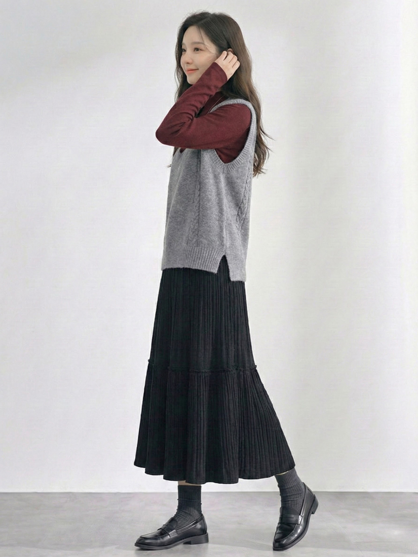 v領麻花針織背心磨毛立領內搭壓褶絨裙組合