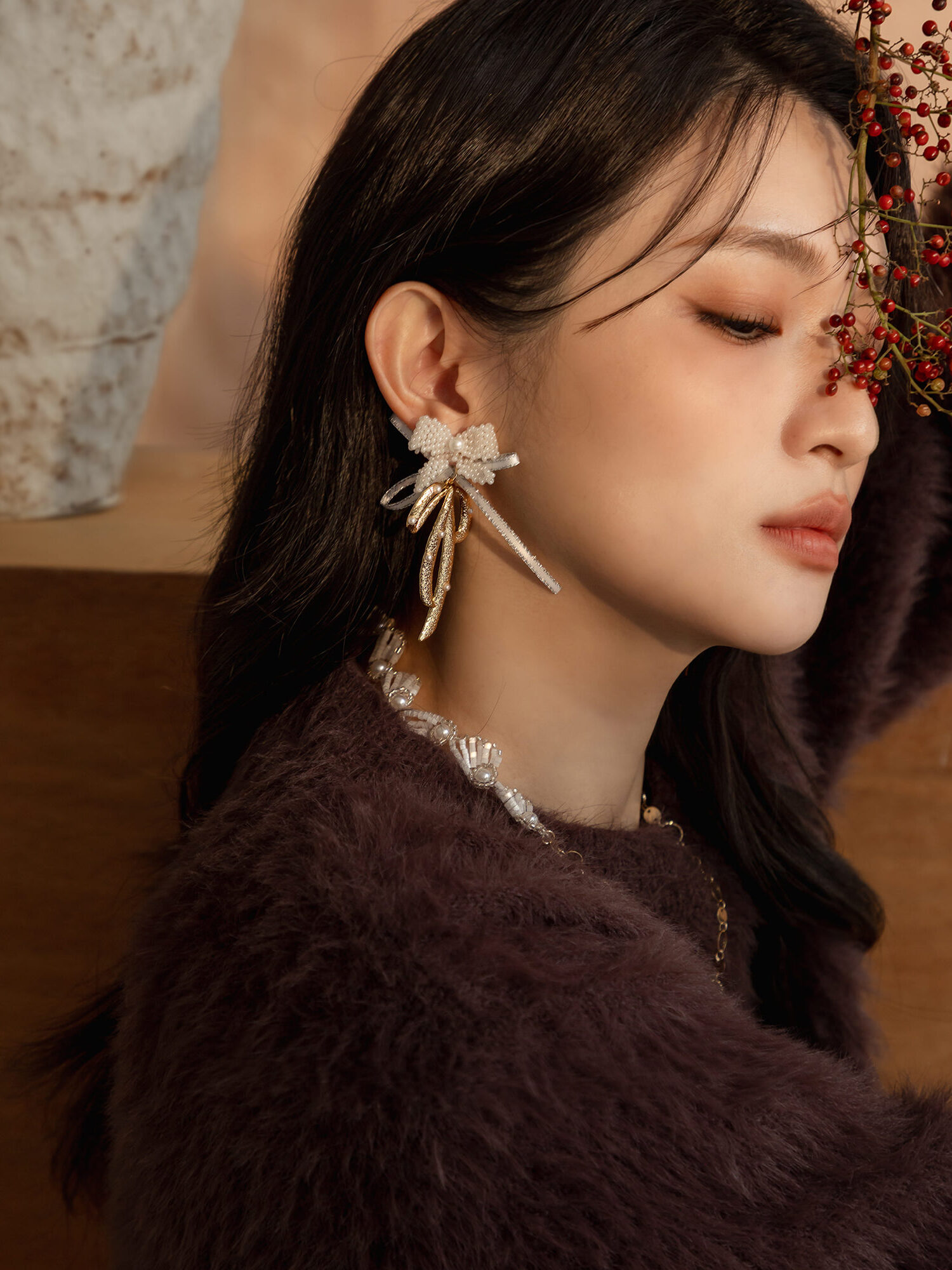 露西亞女爵。(2way)MUCHAT手作14KGP珍珠蝶結純銀針耳環