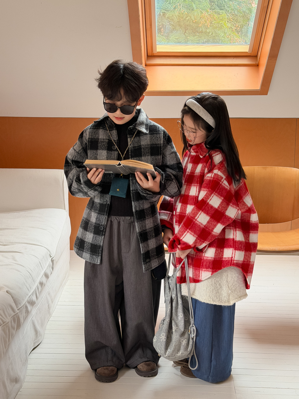 格紋毛呢大衣(100-160)