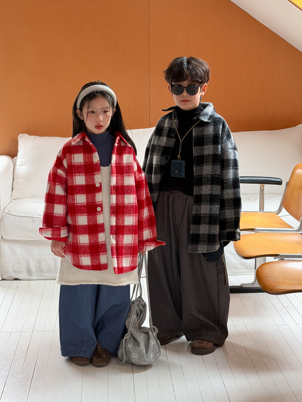 格紋毛呢大衣(100-160)