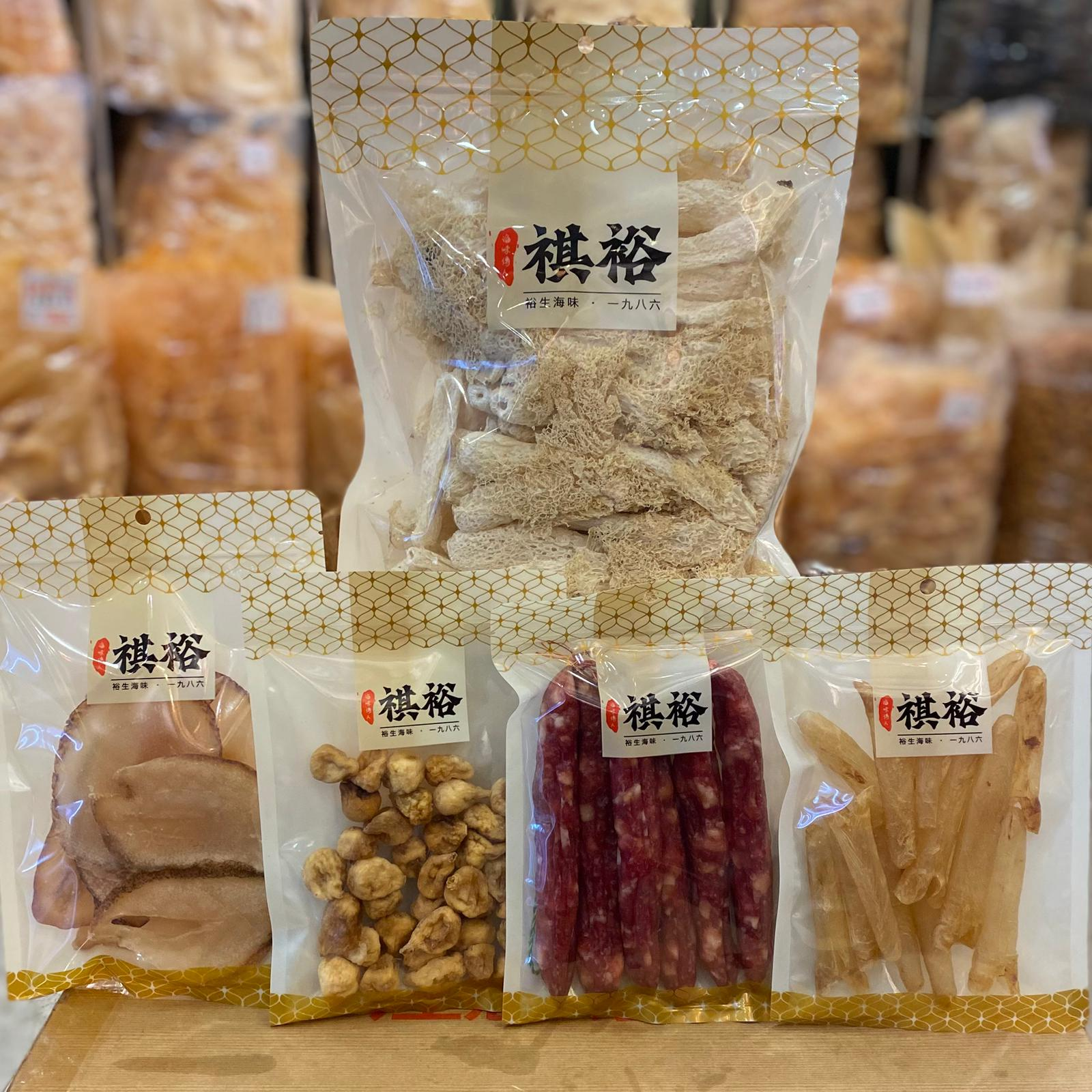 PRM-FFG0106-038 🌟五福臨門: 美國迷你無花果150g+非洲迷你金龍肚筒37.5g+秘製三花腸300g+花螺片150g+福建竹笙75g (A38)