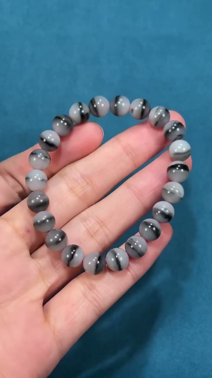 和田玉籽料青花一線天圓珠手串 (8mm直徑),天然和田玉軟玉