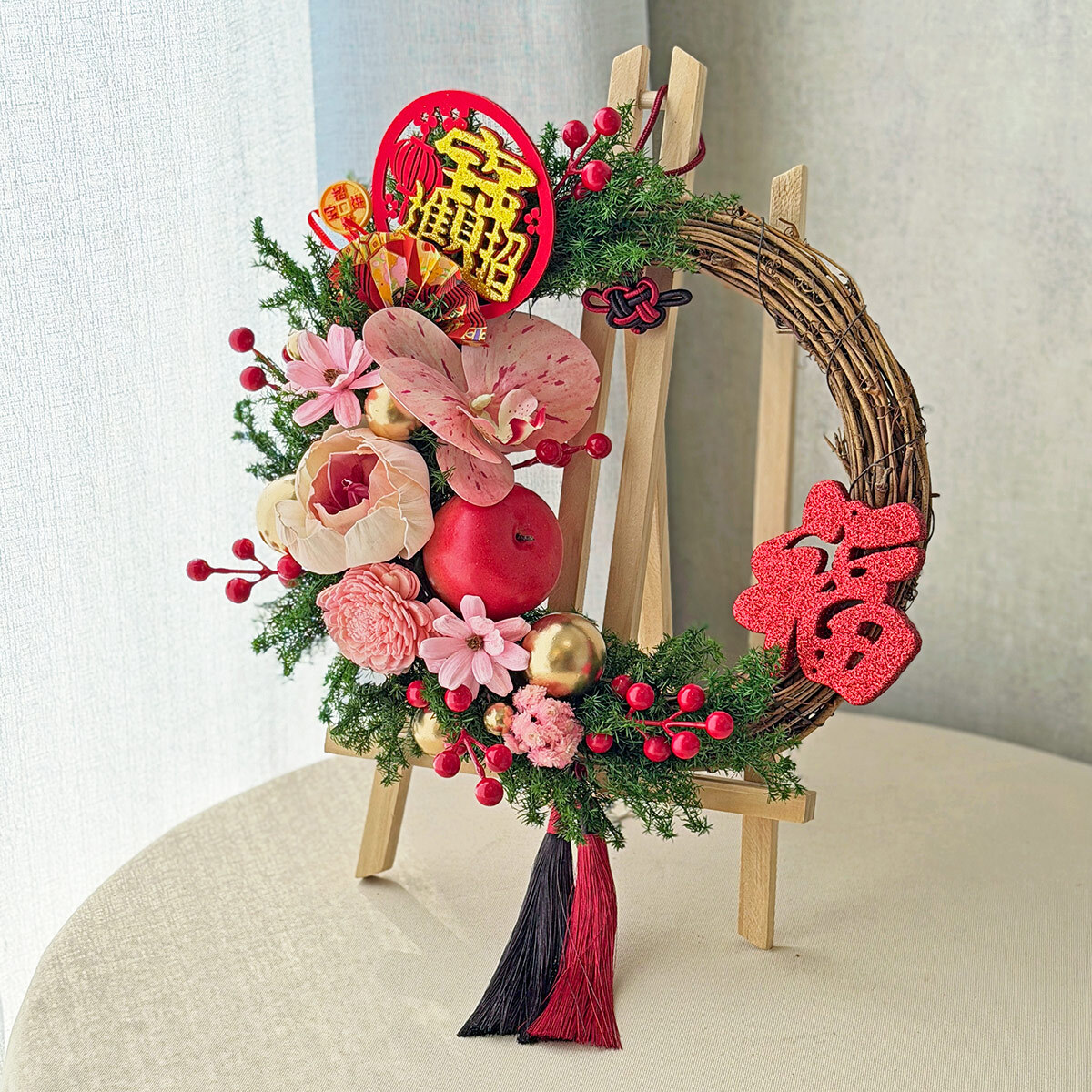 WR02｜福氣安康新年花圈/新年掛飾｜乾燥花/索拉花/高擬真花/永生葉材