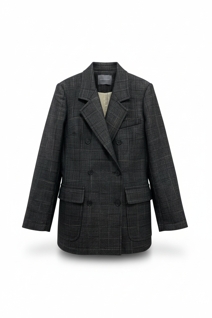 LORENA  格紋雙排扣羊毛外套(深灰)