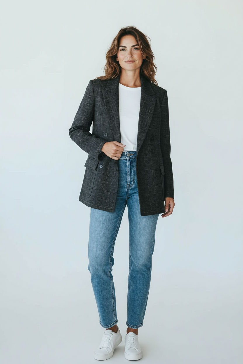 LORENA  格紋雙排扣羊毛外套(深灰)