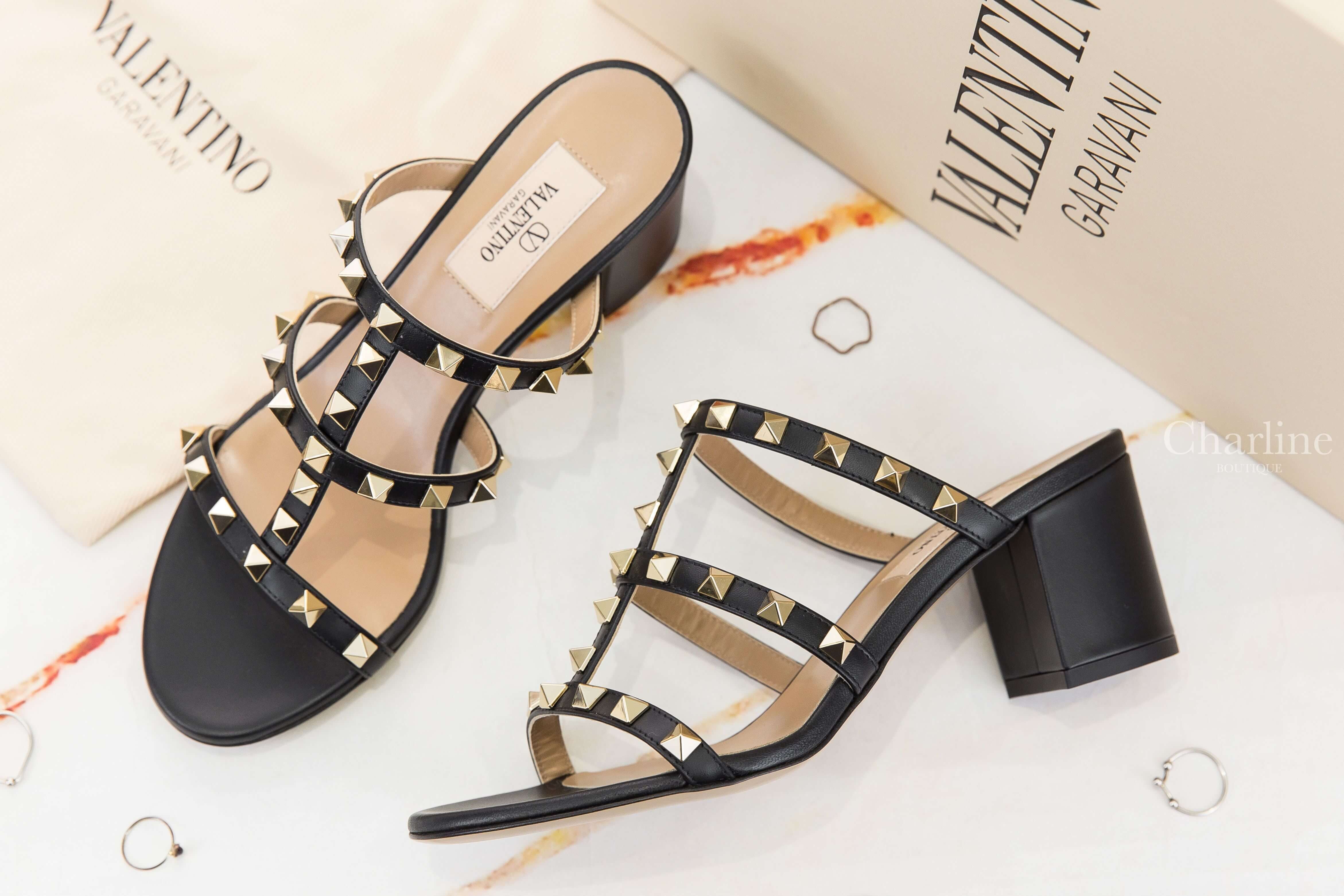 Valentino Rockstud Calfskin Leather Slide Sandal 60 MM 黑色龐克卯釘羅馬小牛皮粗跟涼鞋-Charline Boutique 精品代購