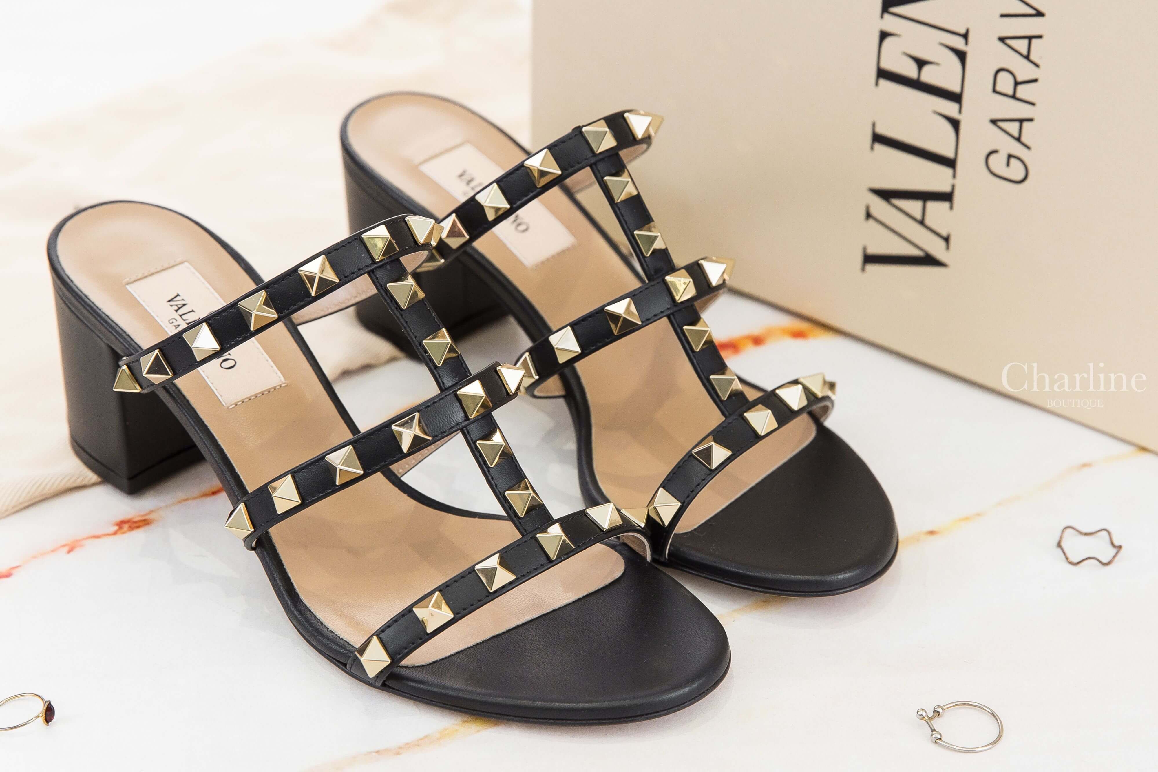 Valentino Rockstud Calfskin Leather Slide Sandal 60 MM 黑色龐克卯釘羅馬小牛皮粗跟涼鞋-Charline Boutique 精品代購