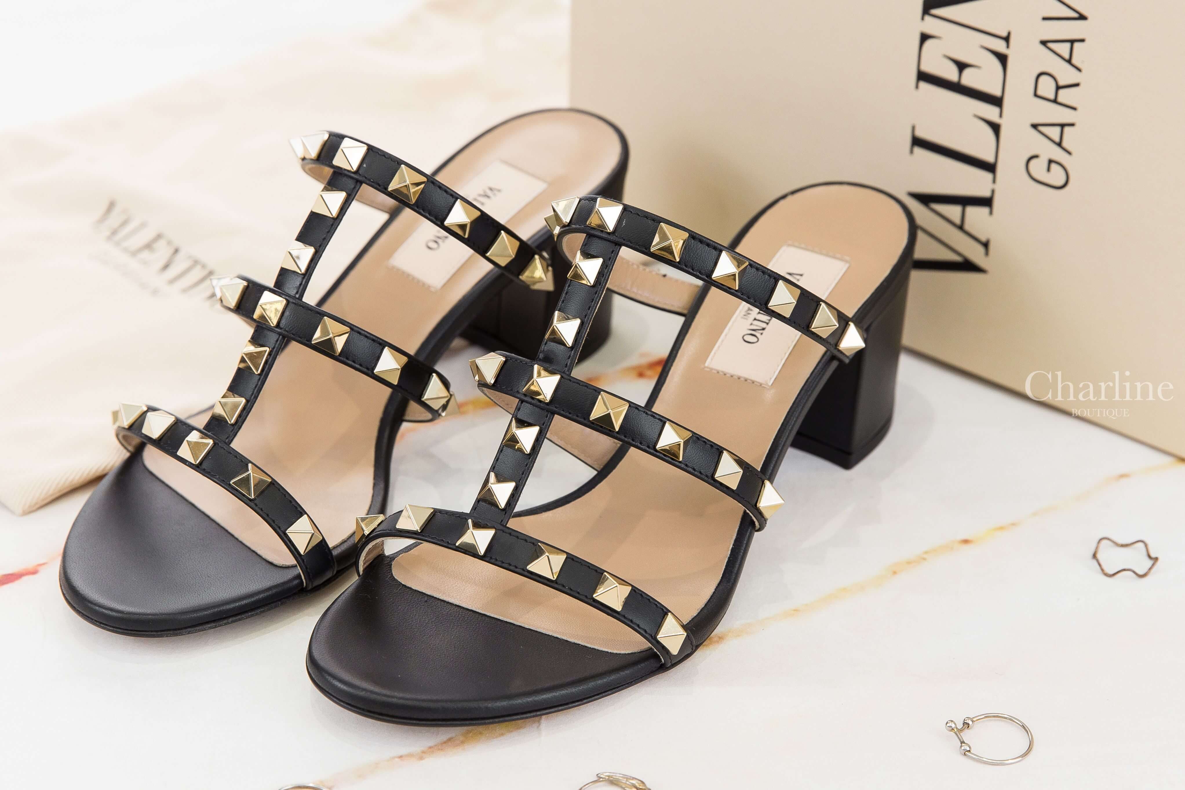 Valentino Rockstud Calfskin Leather Slide Sandal 60 MM 黑色龐克卯釘羅馬小牛皮粗跟涼鞋-Charline Boutique 精品代購