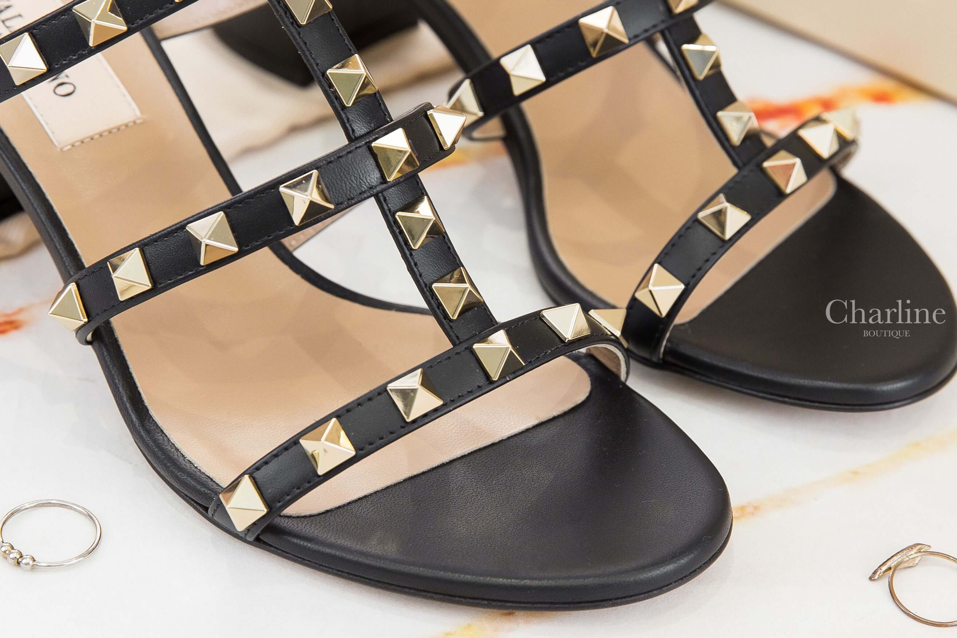 Valentino Rockstud Calfskin Leather Slide Sandal 60 MM 黑色龐克卯釘羅馬小牛皮粗跟涼鞋