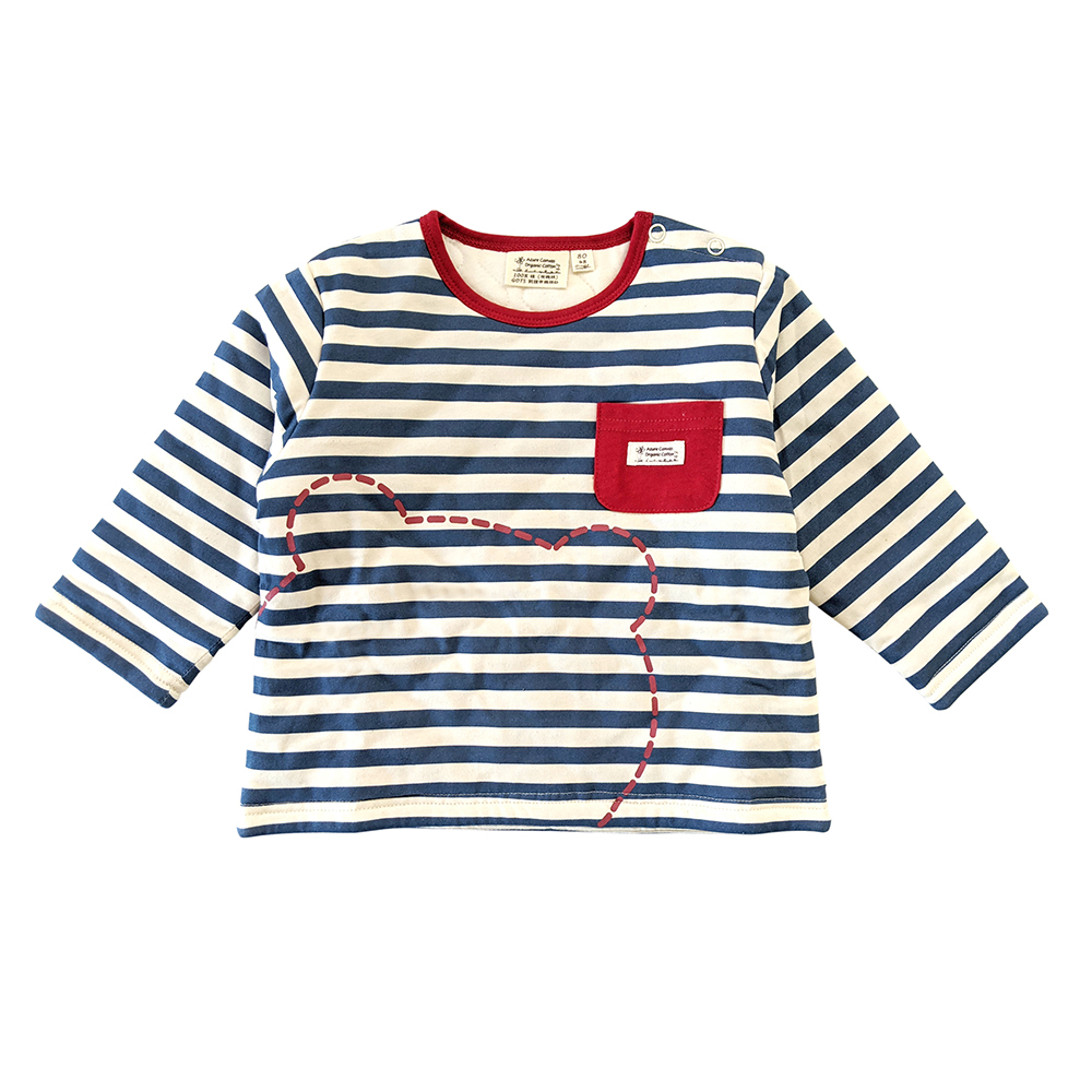 有機棉幼兒/兒童虛線熊鋪棉長袖-深藍條 | 藍天畫布有機棉