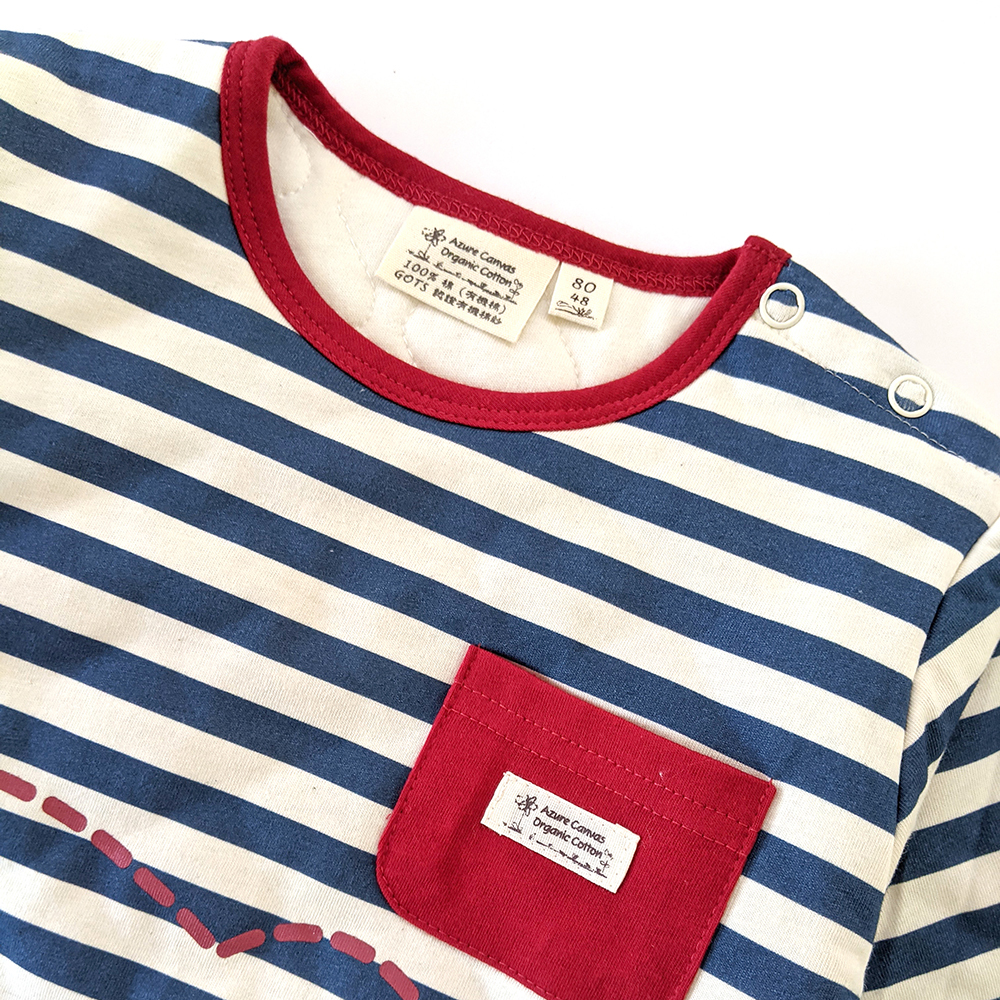 有機棉幼兒/兒童虛線熊鋪棉長袖-深藍條 | 藍天畫布有機棉