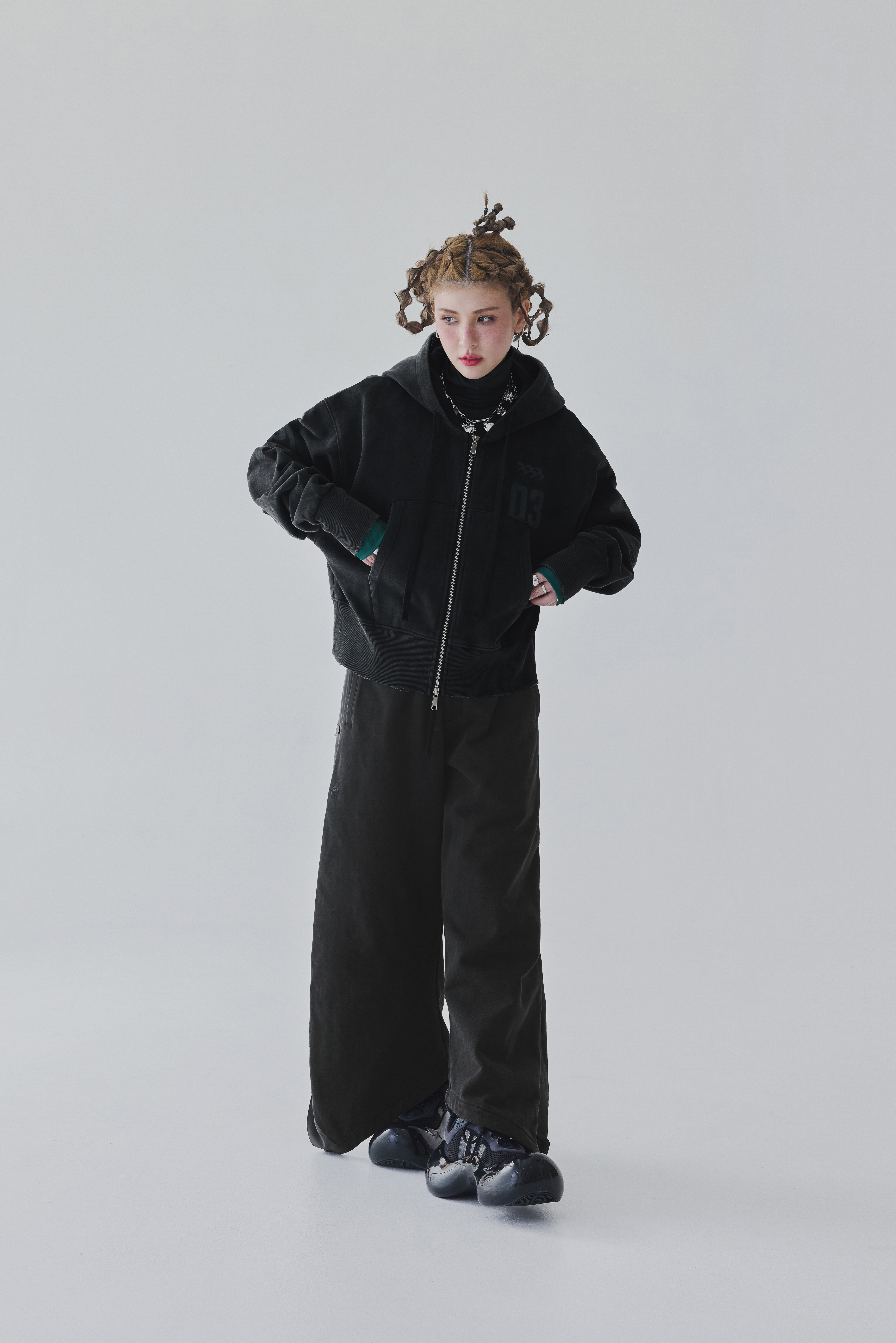 Washed Zip Hoodie Coat｜Black