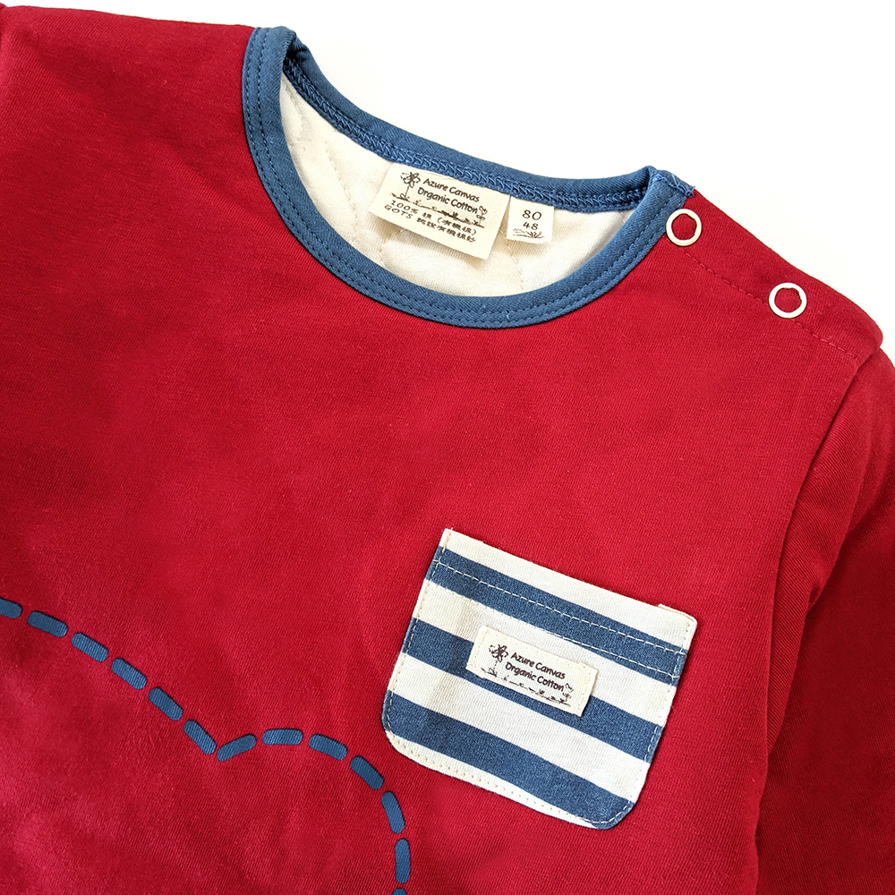 有機棉幼兒/兒童虛線熊鋪棉長袖-嫣紅 | 藍天畫布有機棉