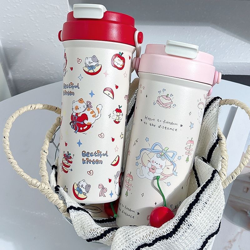 600ML Korean-Style Cat 304 Stainless Steel Straw Thermos