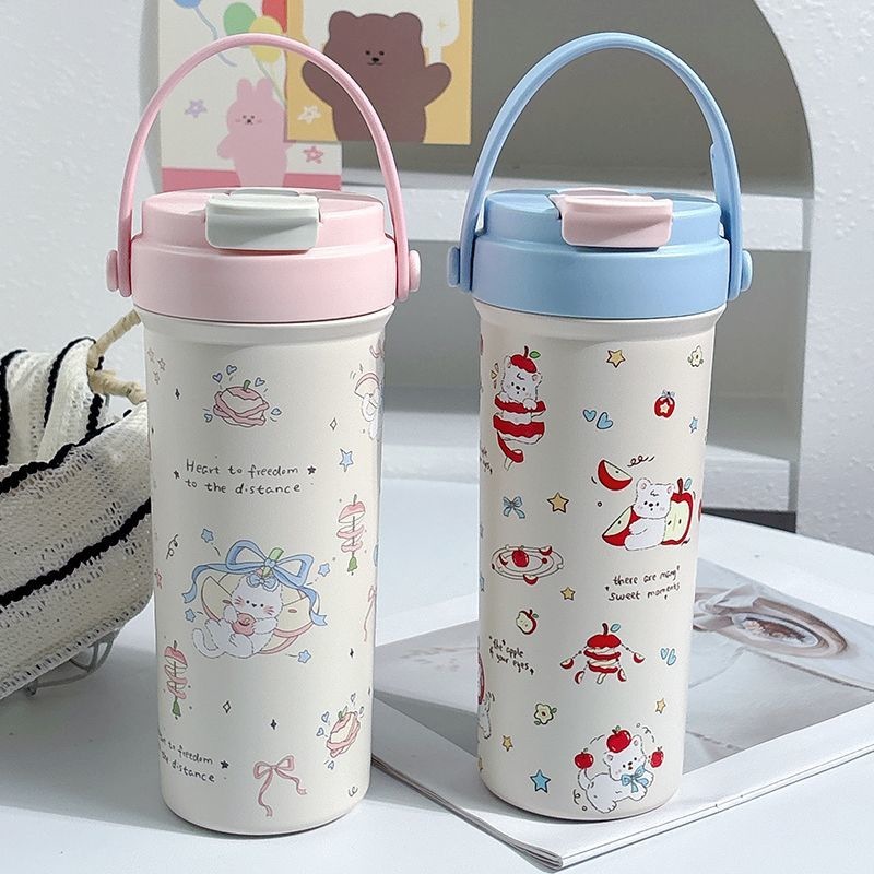 600ML Korean-Style Cat 304 Stainless Steel Straw Thermos