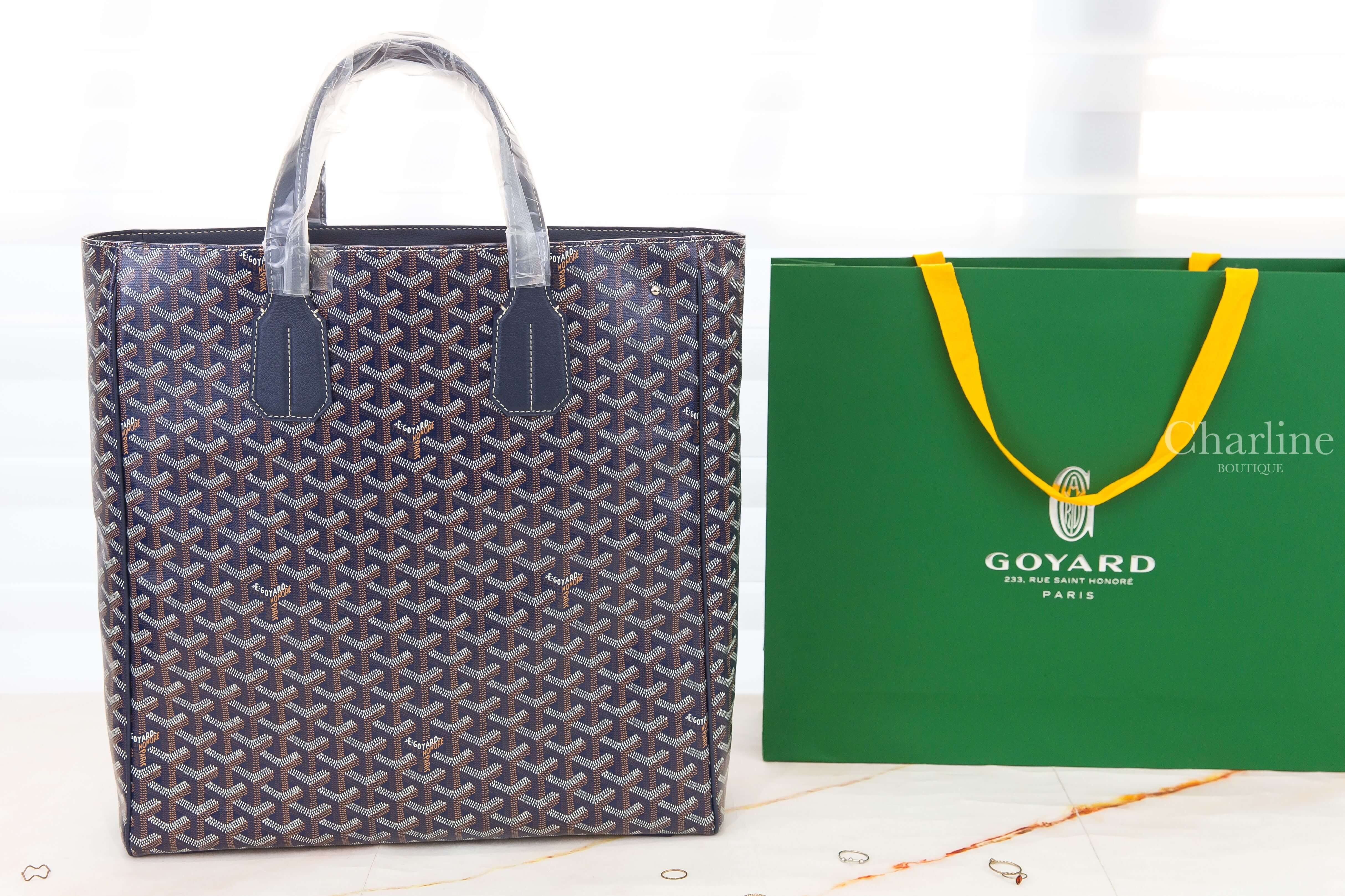 Goyard Voltaire Bag 海軍藍帆布小牛皮同色提把黃色內裡無拉鍊直立式手提托特包-Charline Boutique 精品代購