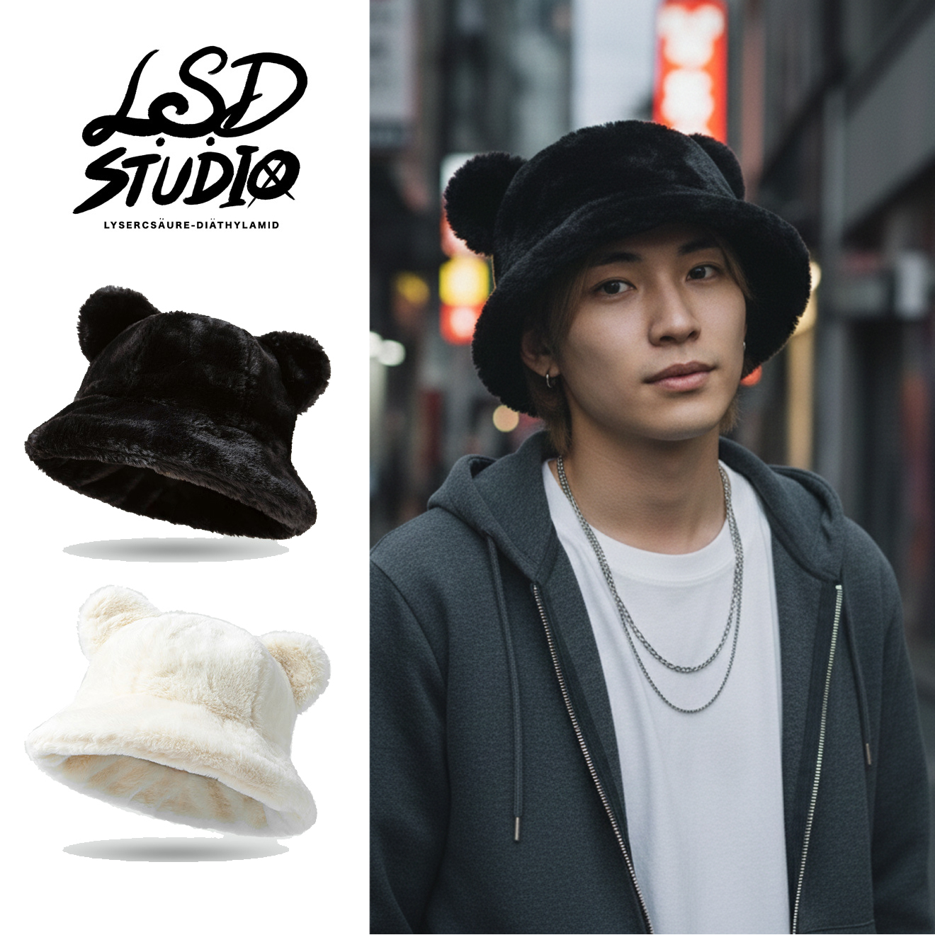 預購年後_熊耳 x 仿兔毛 | 軟萌絨毛寬版水桶帽【HTMS033】