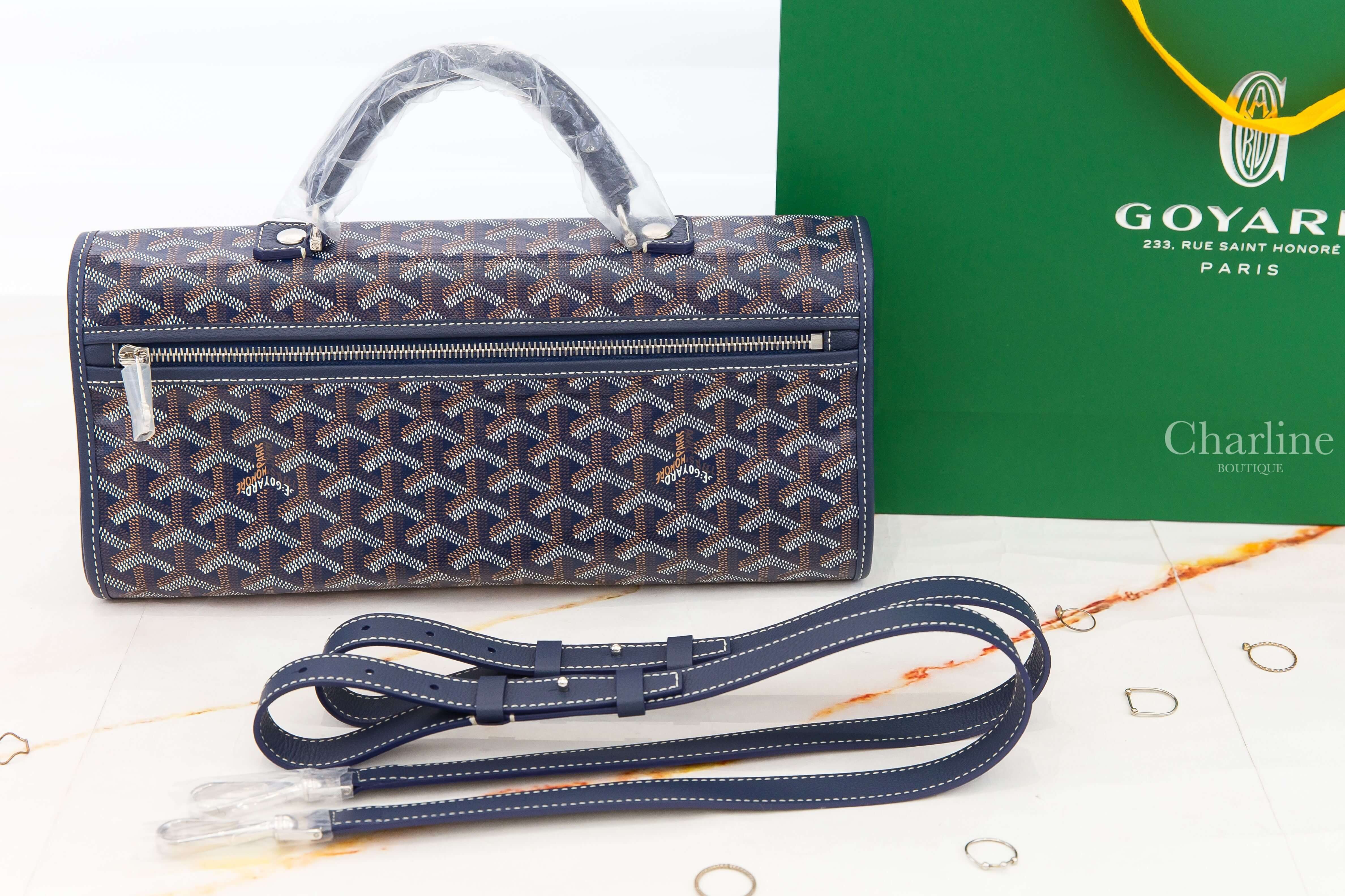 Goyard Saint Léger Backpack 海軍藍客製化珊瑚橘蝴蝶黑法鬥線條帆布小牛皮同色提把黃色內裡手提後背包-Charline Boutique 精品代購