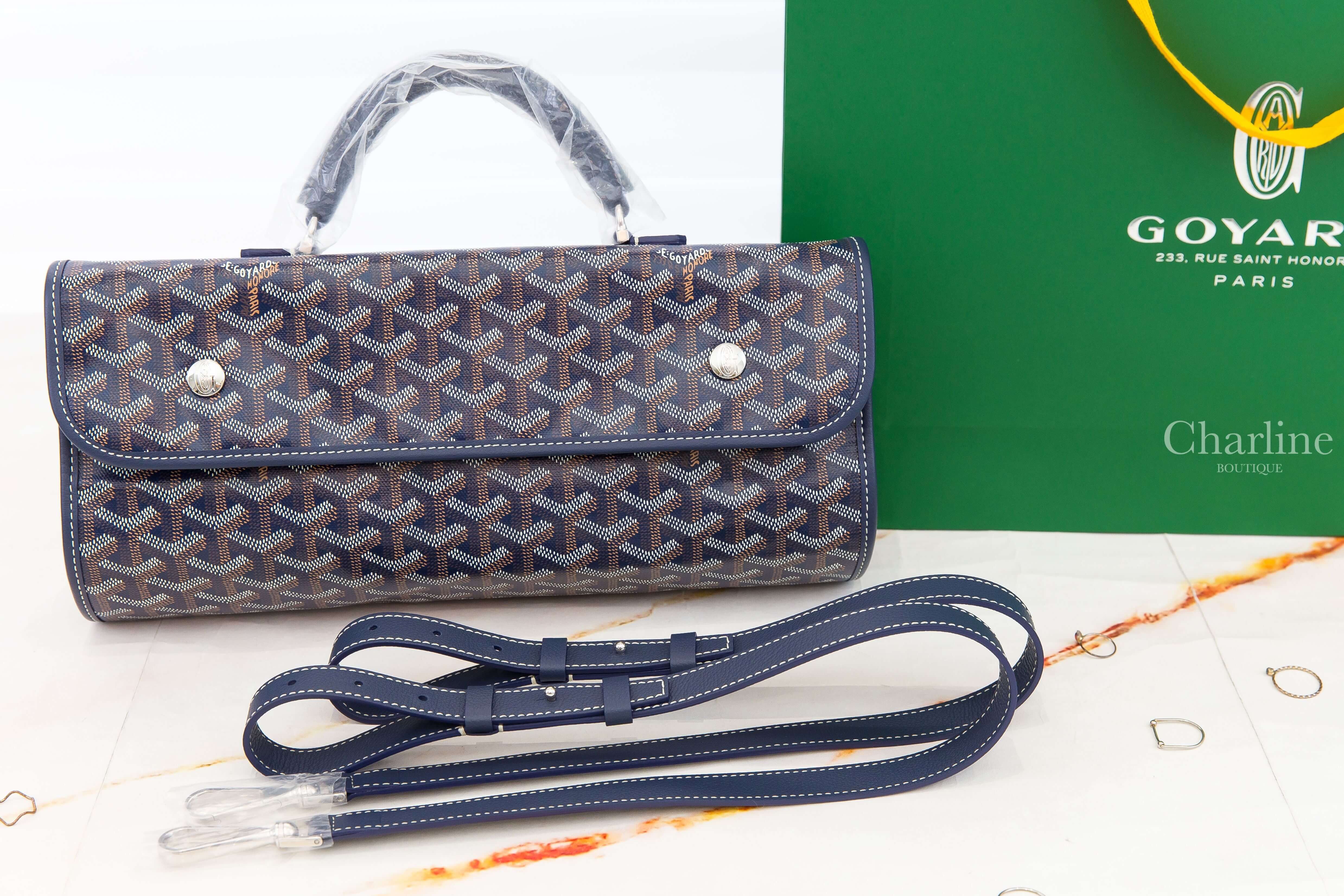 Goyard Saint Léger Backpack 海軍藍客製化珊瑚橘蝴蝶黑法鬥線條帆布小牛皮同色提把黃色內裡手提後背包-Charline Boutique 精品代購