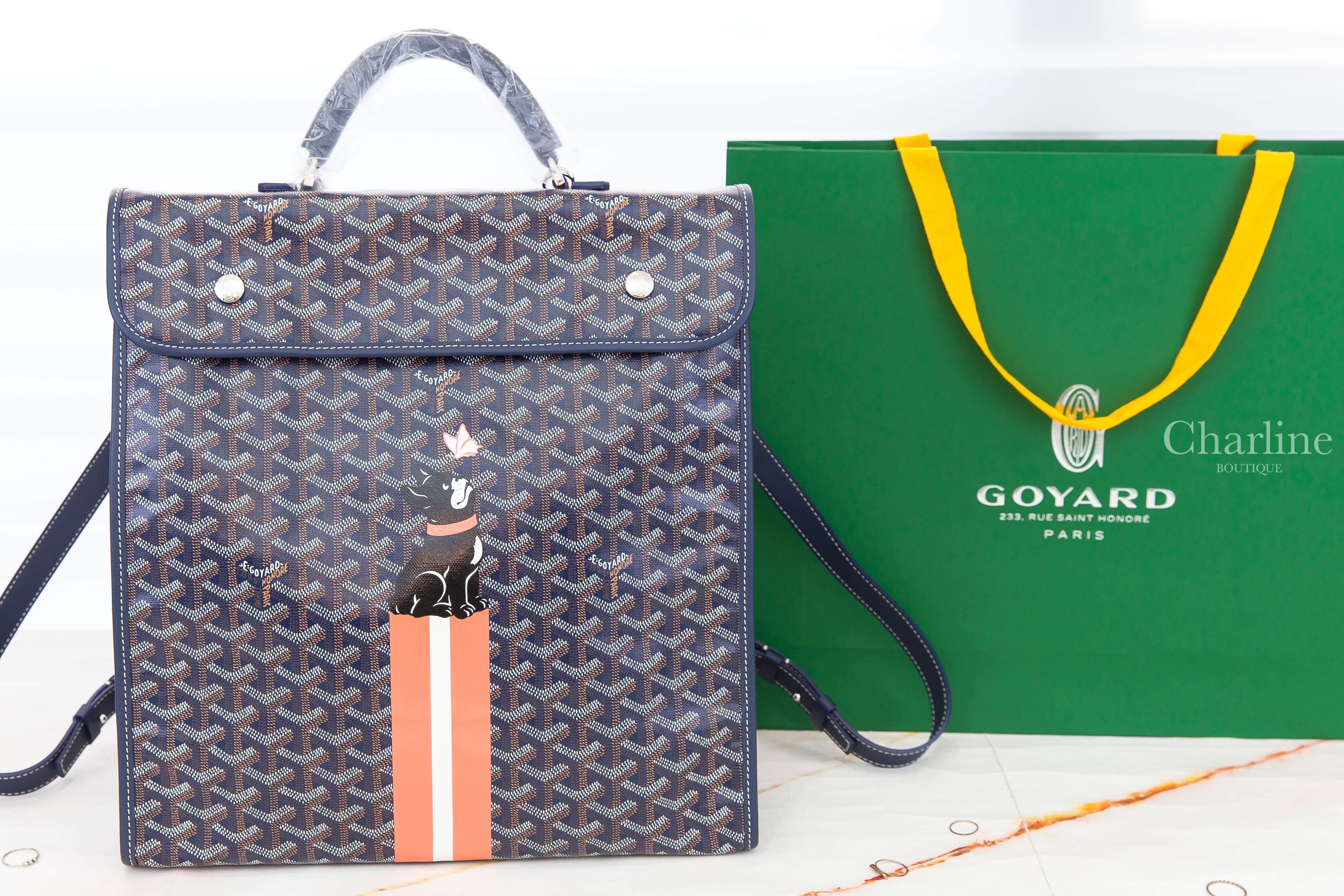 Goyard Saint Léger Backpack 海軍藍客製化珊瑚橘蝴蝶黑法鬥線條帆布小牛皮同色提把黃色內裡手提後背包