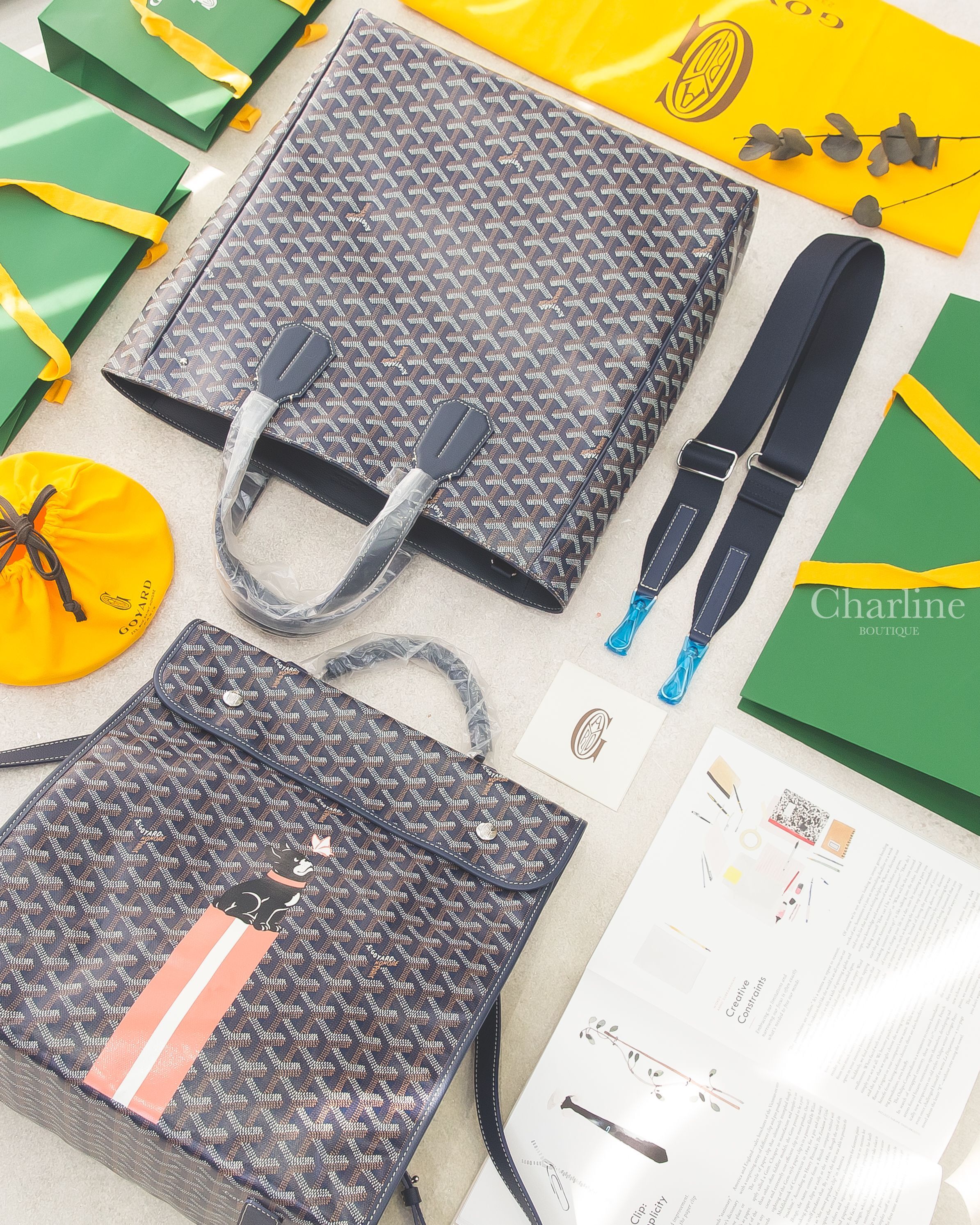 Goyard Voltaire 海軍藍直立托特包,Goyard Saint Léger Backpack 海軍藍客製化珊瑚橘蝴蝶法鬥線條後背包,Goyard Sangle MM 海軍藍銀釦寬背帶-Charline Boutique 精品代購