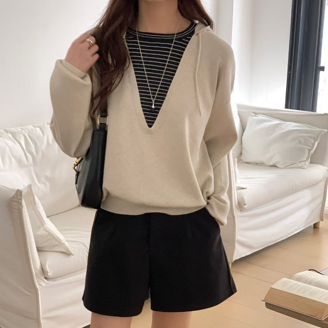 假兩件配色橫條紋連帽造型上衣-F / 3色