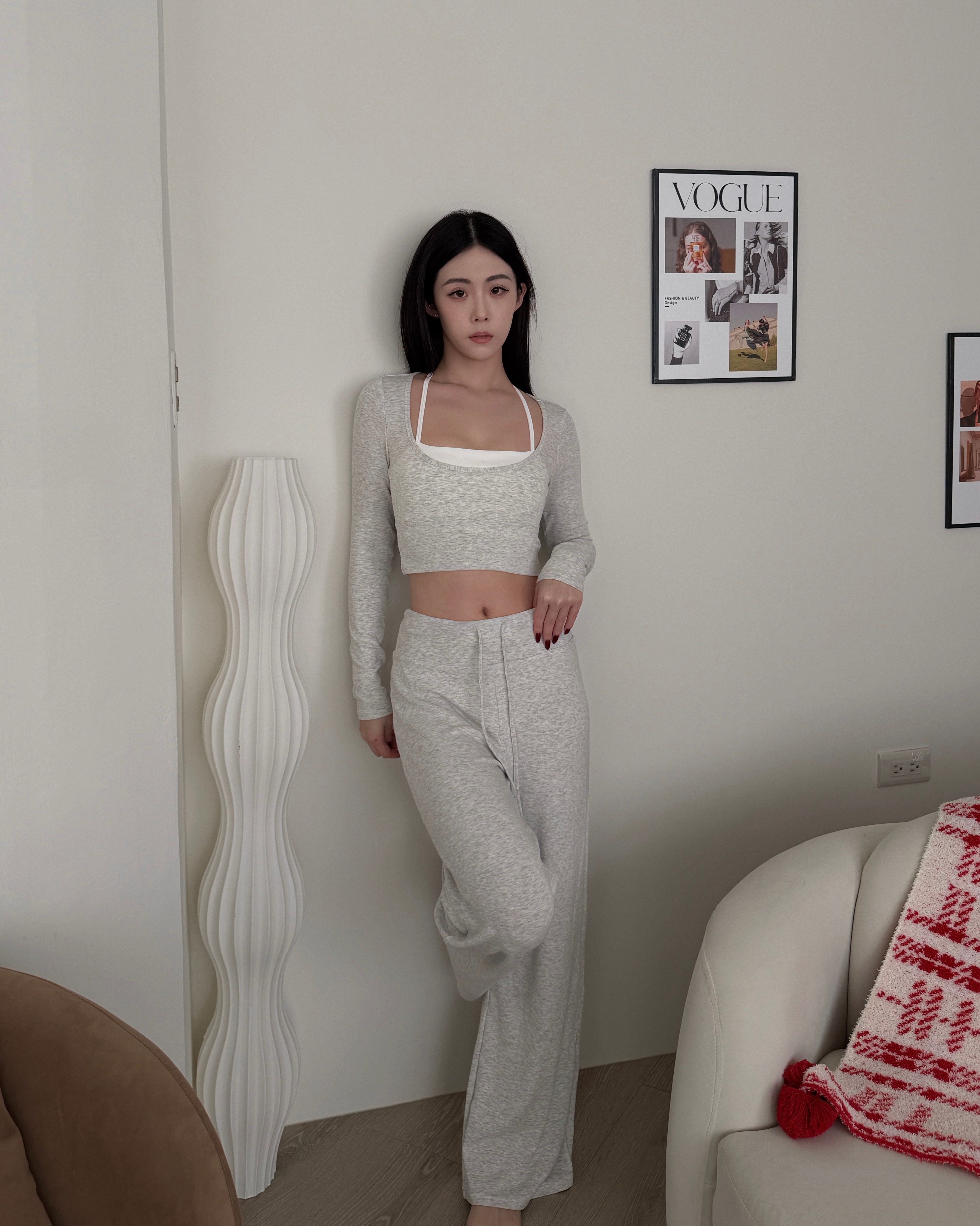 Vera bratop 歐美假兩件胸墊上衣 / 灰白