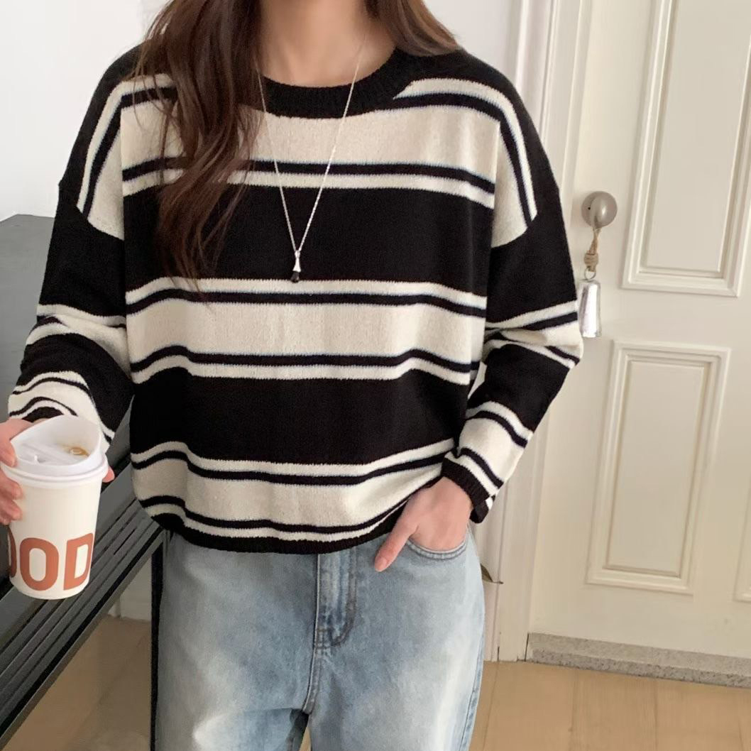 配色寬細橫條紋圓領休閒上長袖上衣-F / 2色