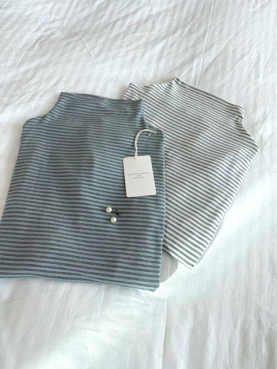 配色雙線細橫條紋高領長袖上衣-F / 2色