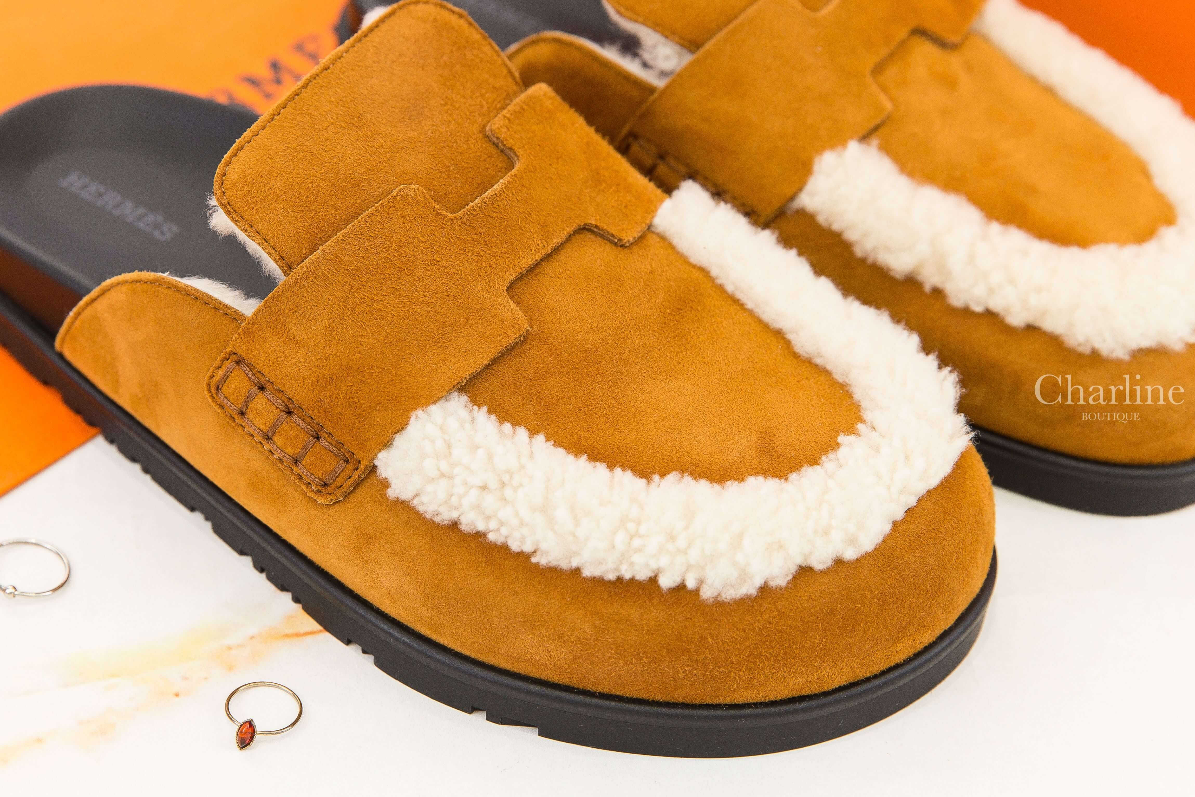 Hermès Go Mule 自然褐色麂皮米色羊毛黑底穆勒鞋