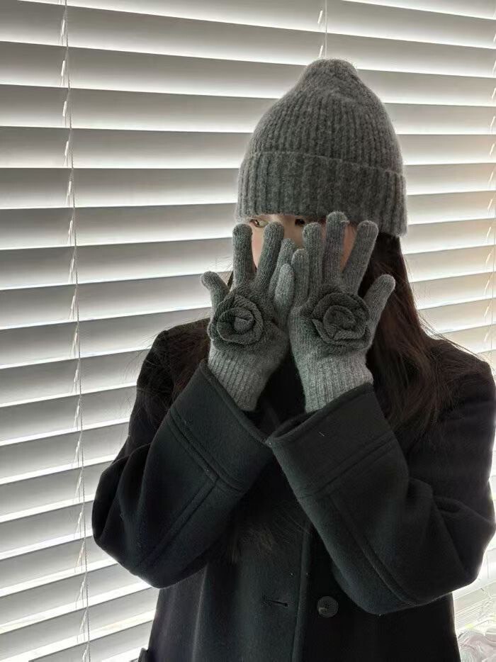 立體山茶花造型針織手套 / 3色